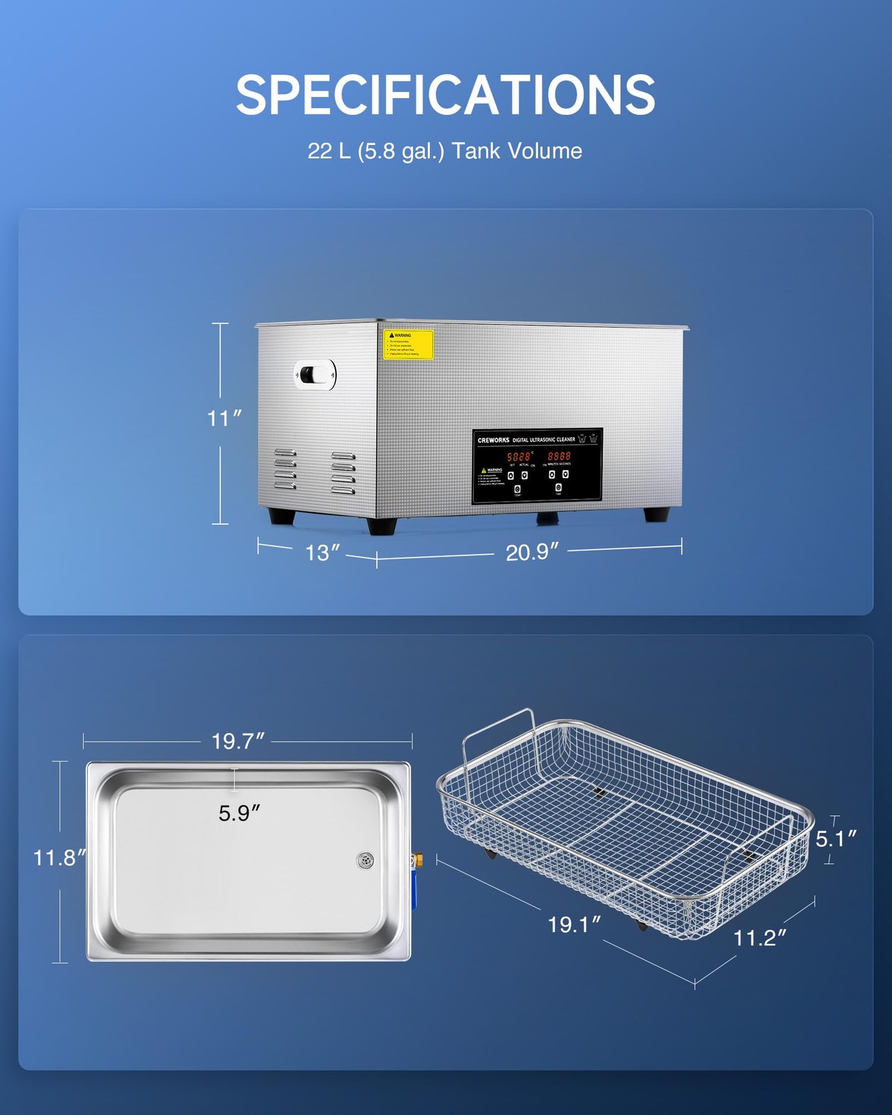 CREWORKS 22L Digital Ultrasonic Cleaning Machine with Heater and 22L, Black