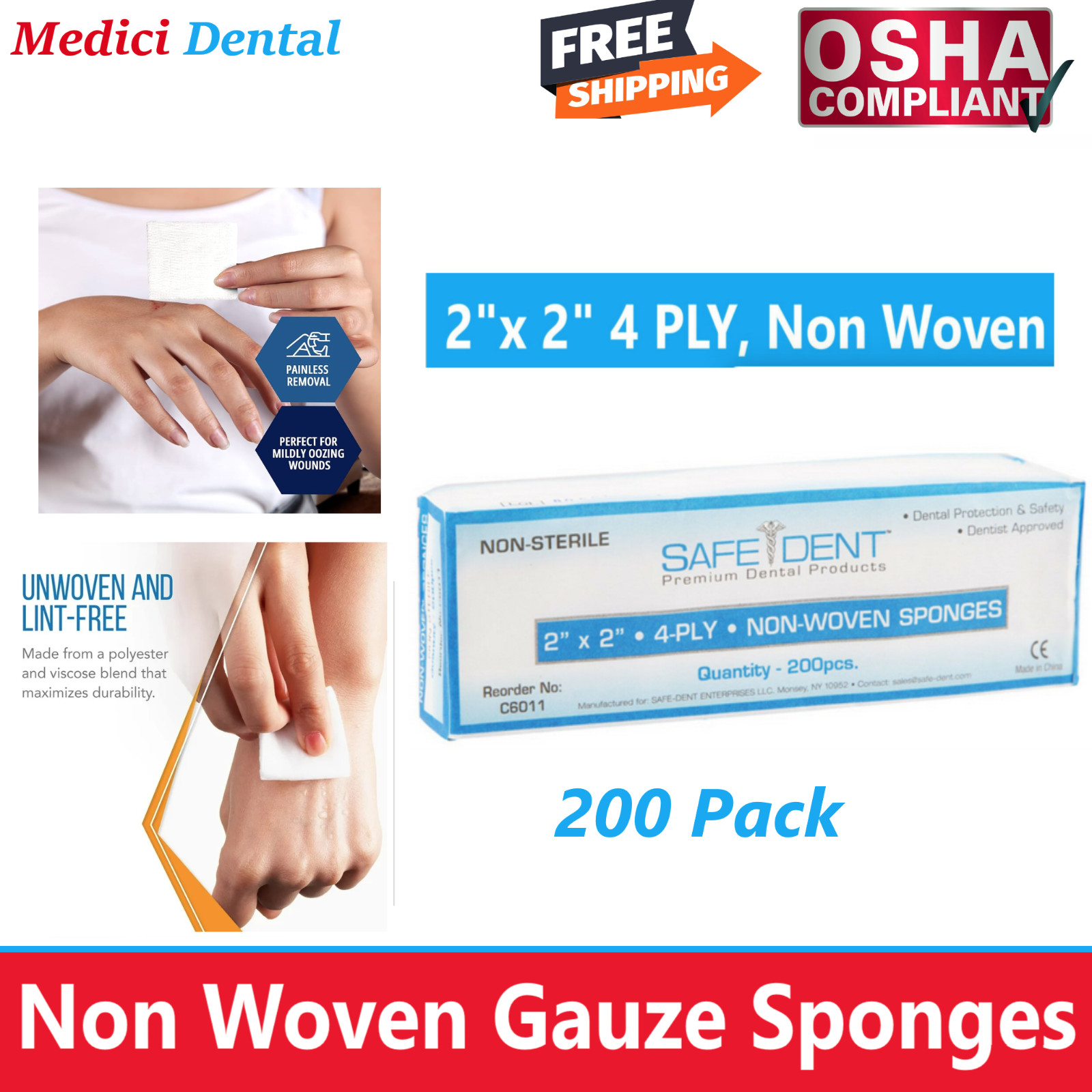 2×2 Non Woven Sponges 4-Ply, Non-Sterile Cotton Dental Gauze (200 Pack) OSHA +