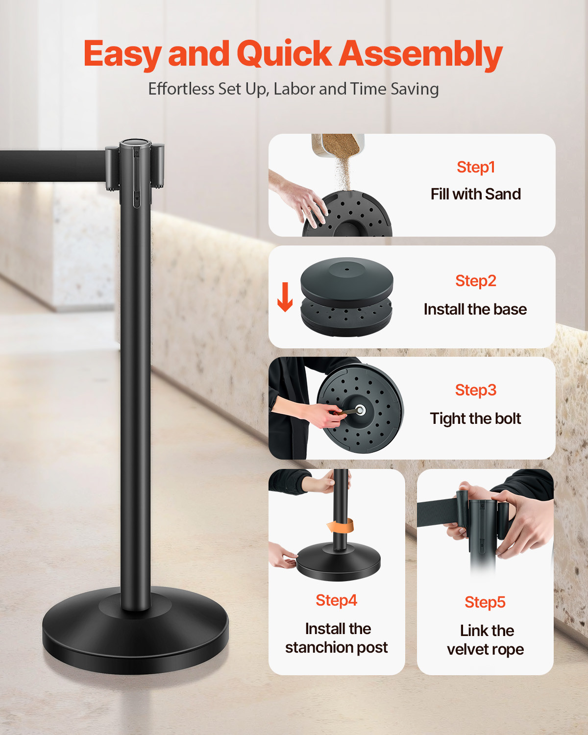 4 Pcs Stanchion Post with 4 Retractable Belts & Sand Injection Hollow Base