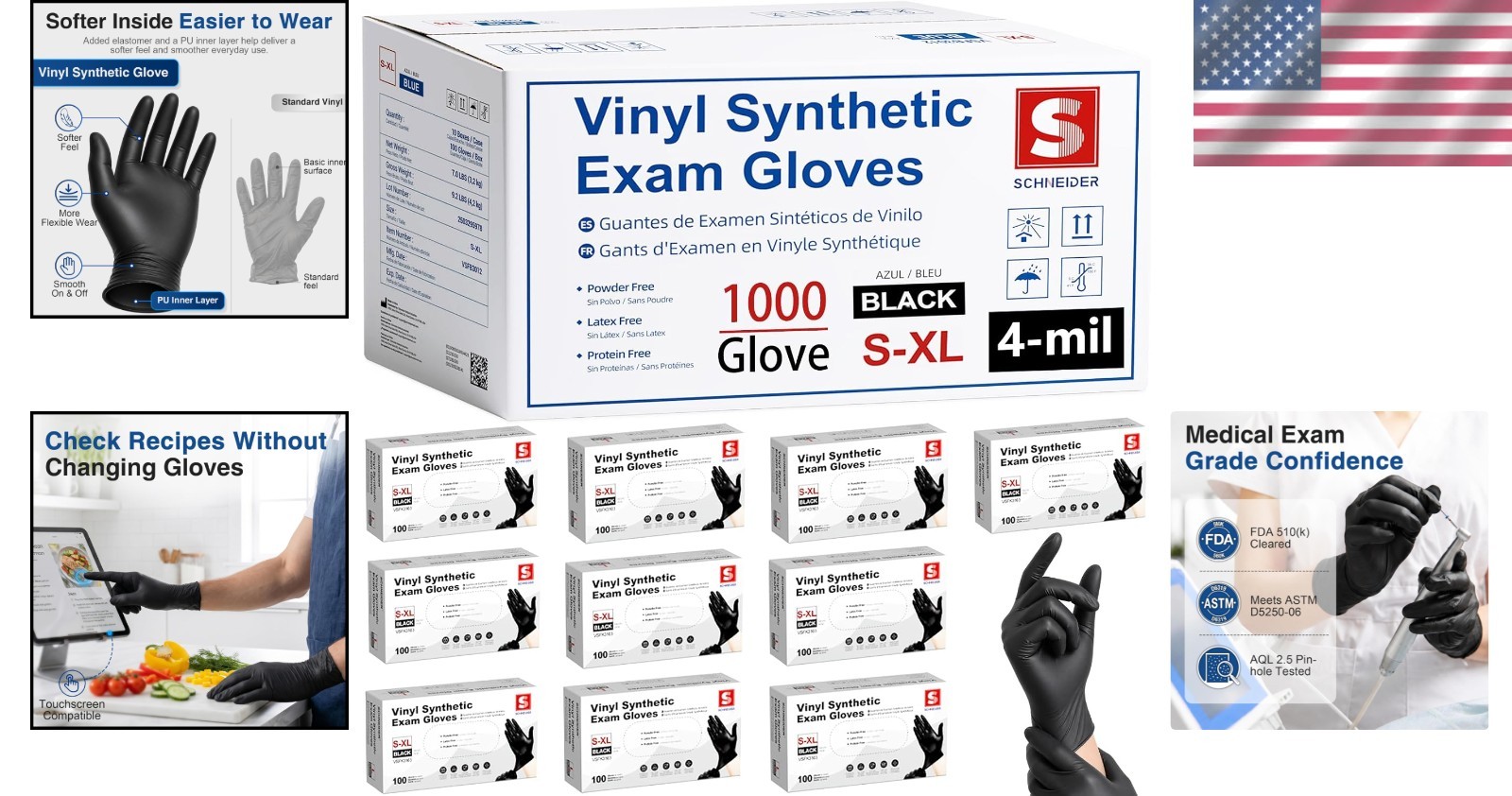 Affordable Medical Exam Gloves, Black, Latex-Free, 1000 Ct