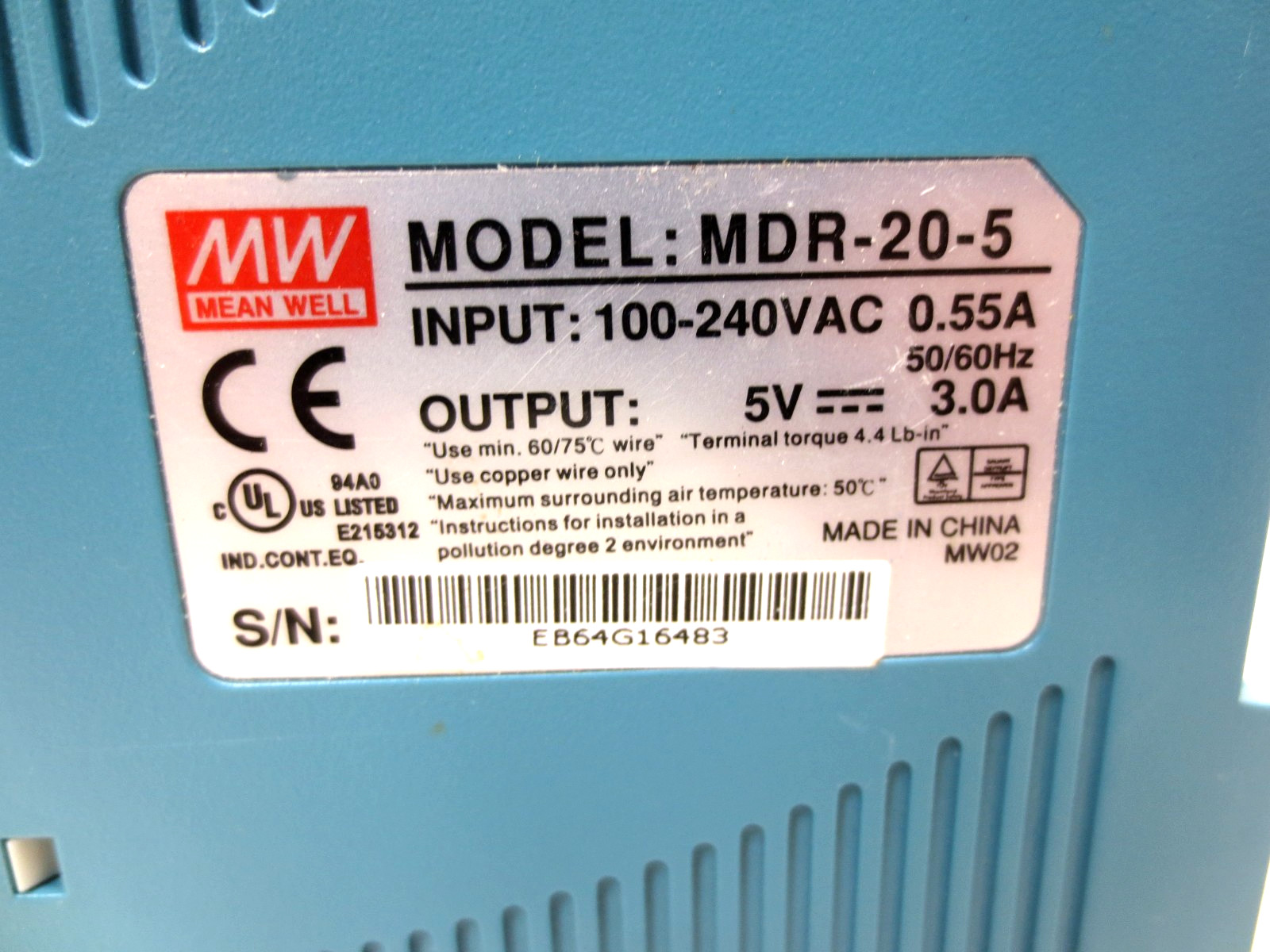 Mean Well MDR-20-5 100-240VAC Industrial DIN Rail 5V DC 3A Power Supply