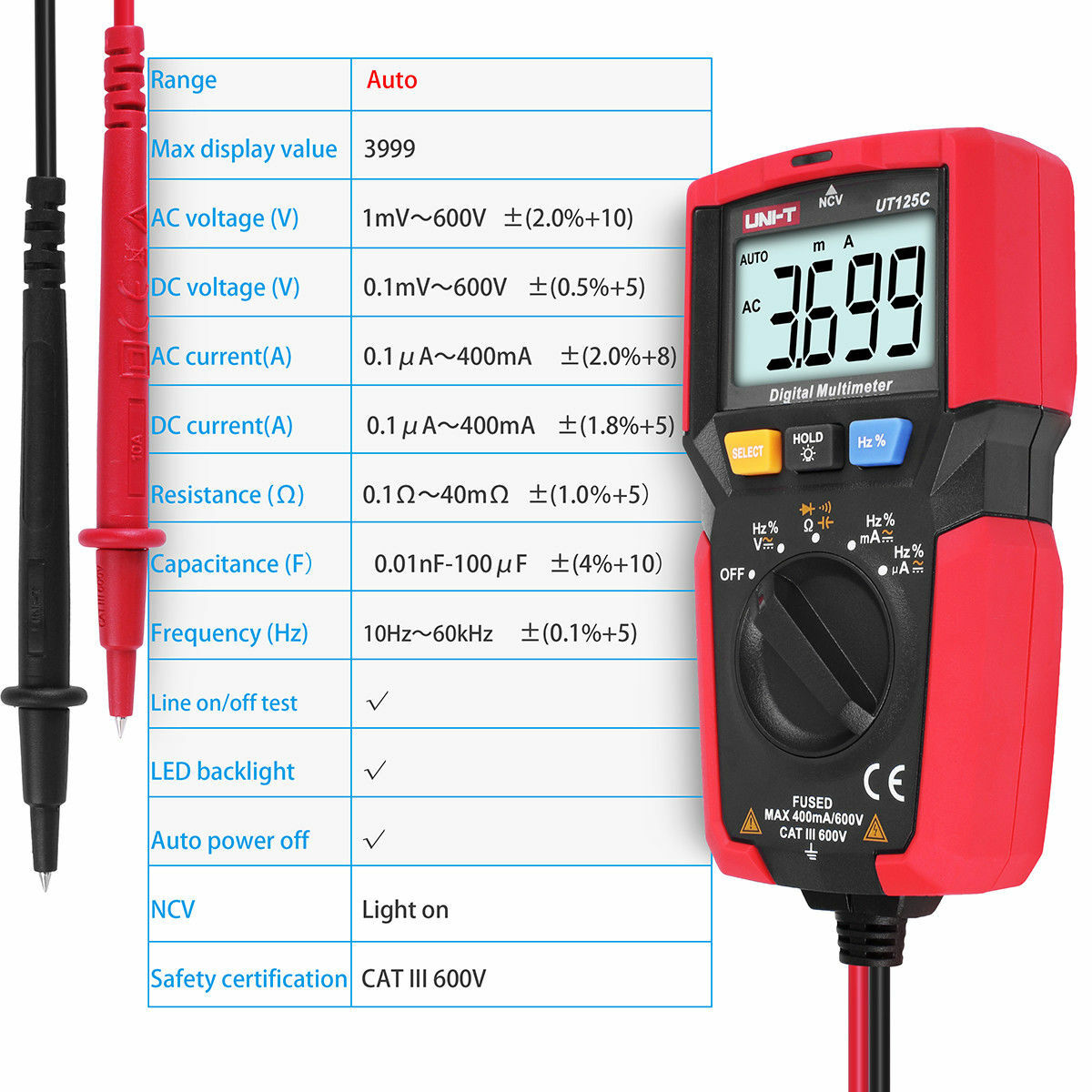 UNI-T Pocket Multimeter Digital NCV AC DC Voltmeter Ammeter Ohm Cap Test UT125C