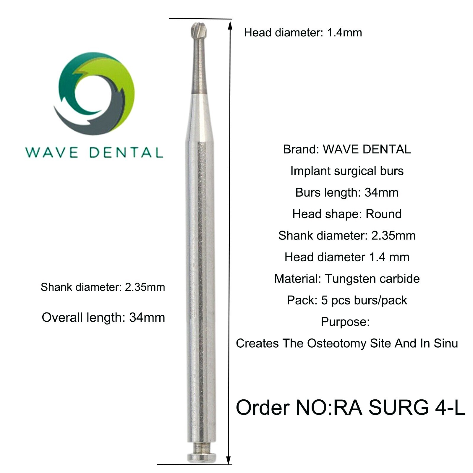Wave Dental Burs Carbide Surgical Round Latch 26/34mm RA Slow Speed Contra Angle