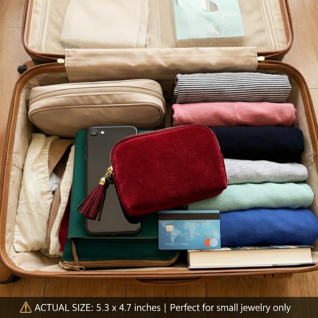TXTIGER 5.3″ x 4.7″ Small Travel Jewelry Case, Velvet Pouch with Burgundy Red