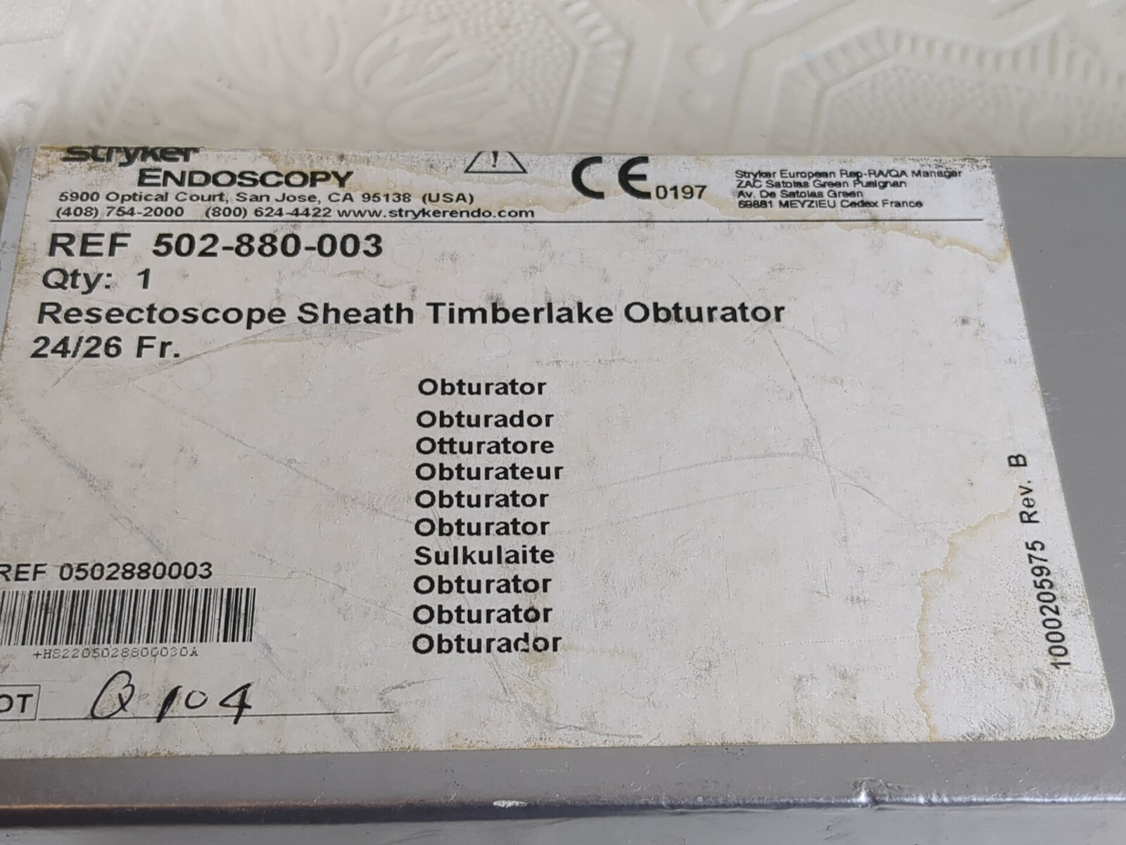 Stryker 502-880-003 resectoscope sheath Timberlake obturator 24/26Fr