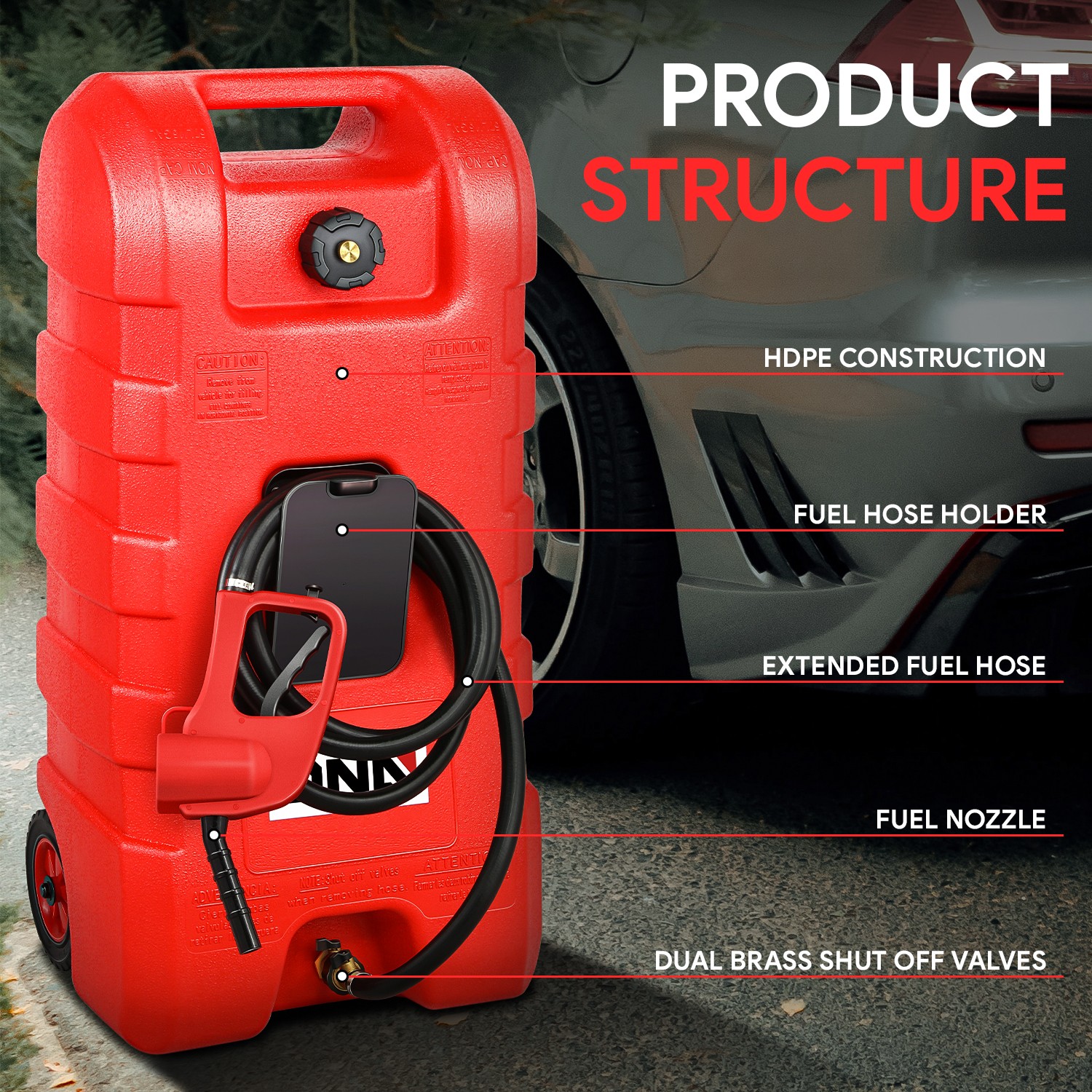 58L(15 Gal) Fuel Caddy Gas Oil Tank Gravity-Flow Manual-Pump Two-in-One Mode Red