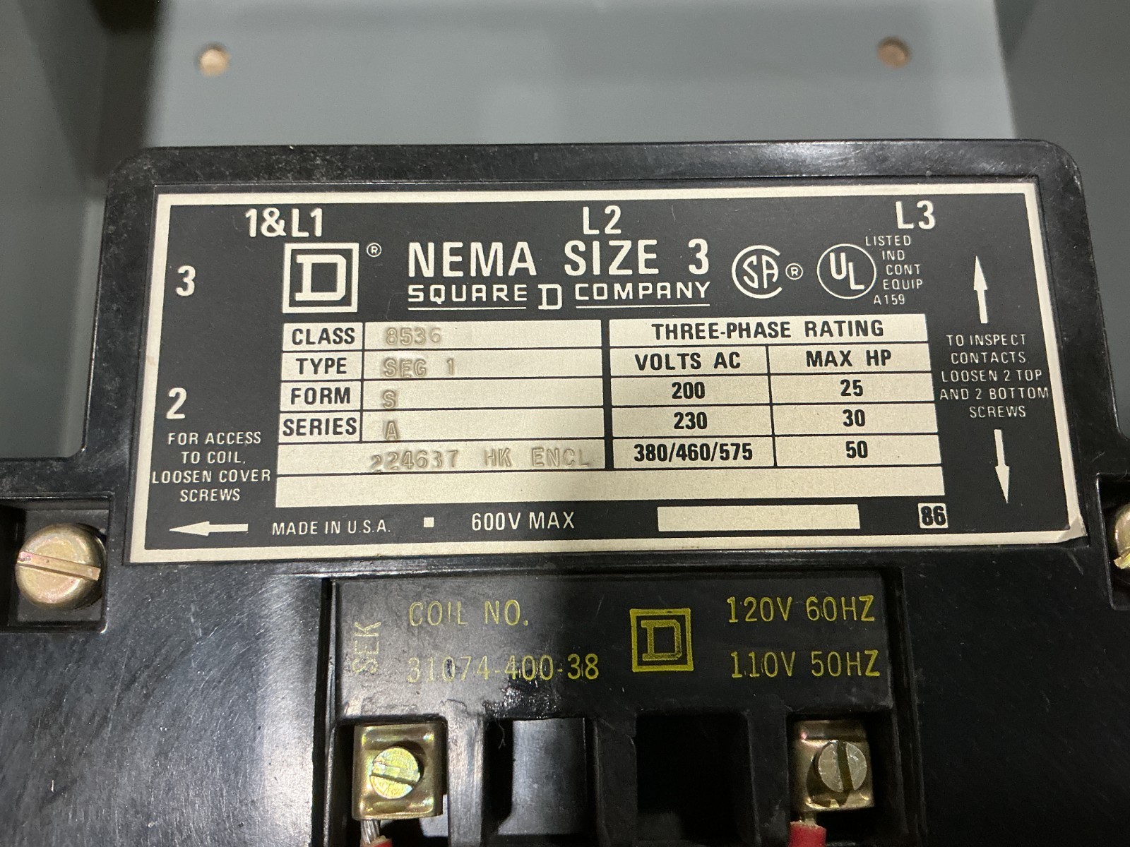New Square D 8536SEG1V02S Ser A AC Magnetic Starter 110/120V 50/60HZ – No Box