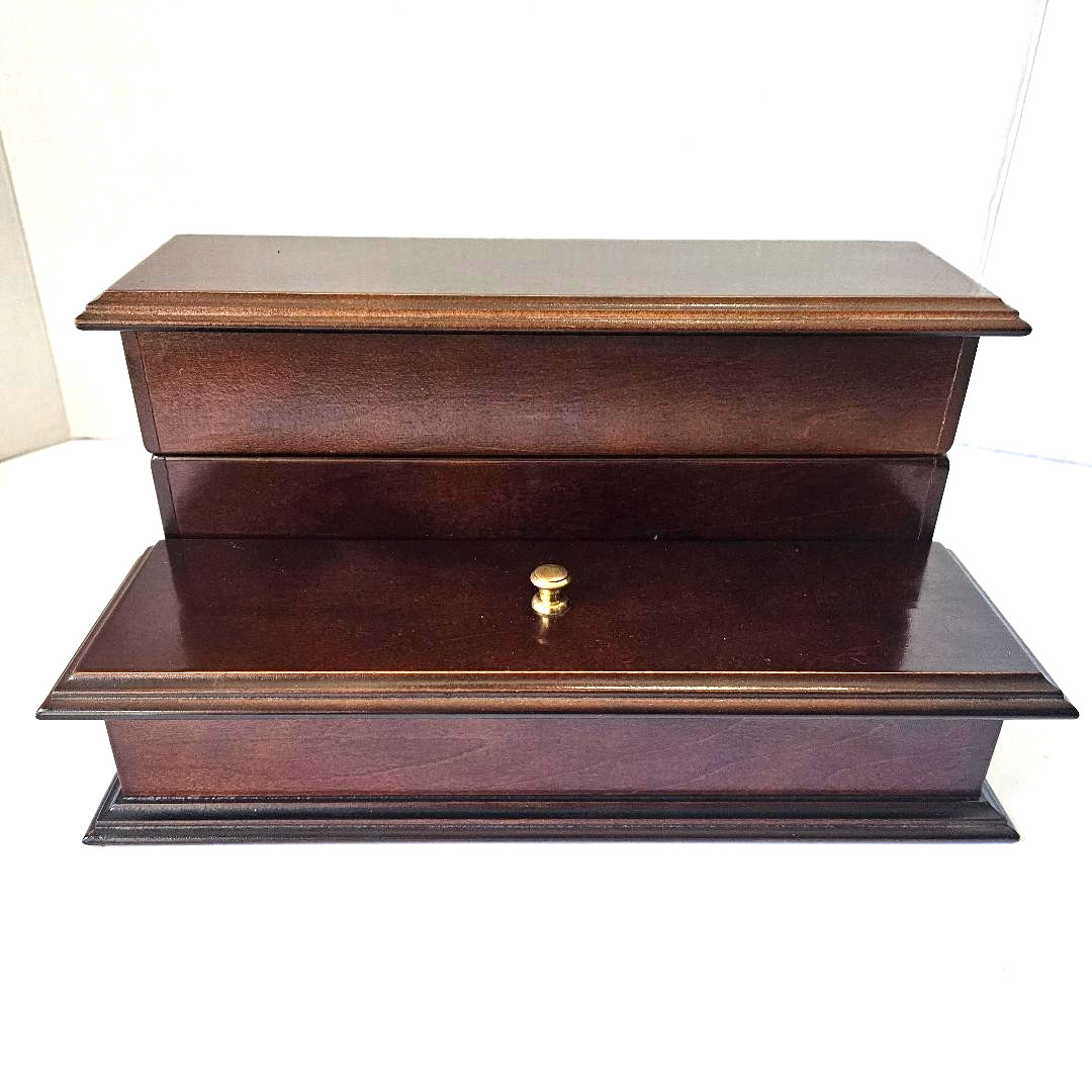 Vtg 5.5″ Tall, 10″ Long, 6″ Deep, Mahogany Wood Box Desk Organizer w/Hinged Lids