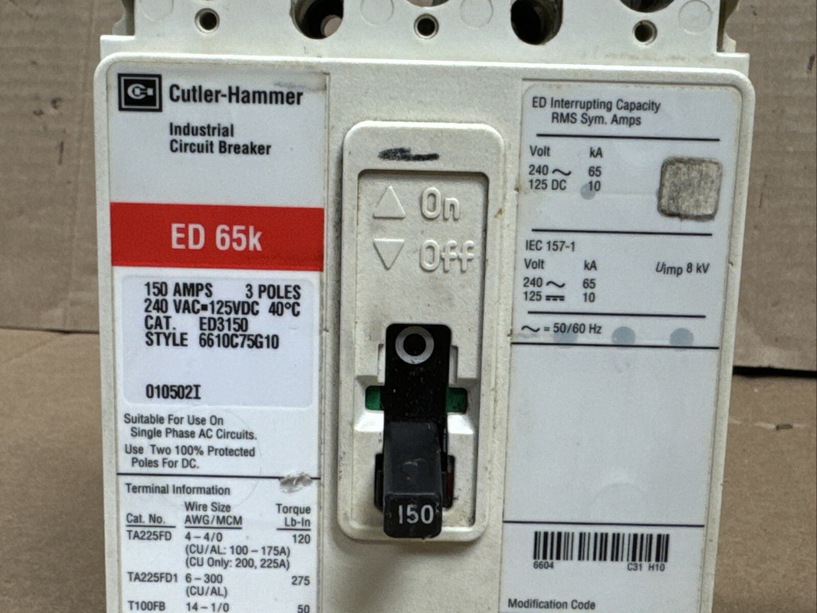 Cutler Hammer ED3150 150A Circuit Breaker 150 Amp 3 Pole 240V ED 65K FAST SHIP