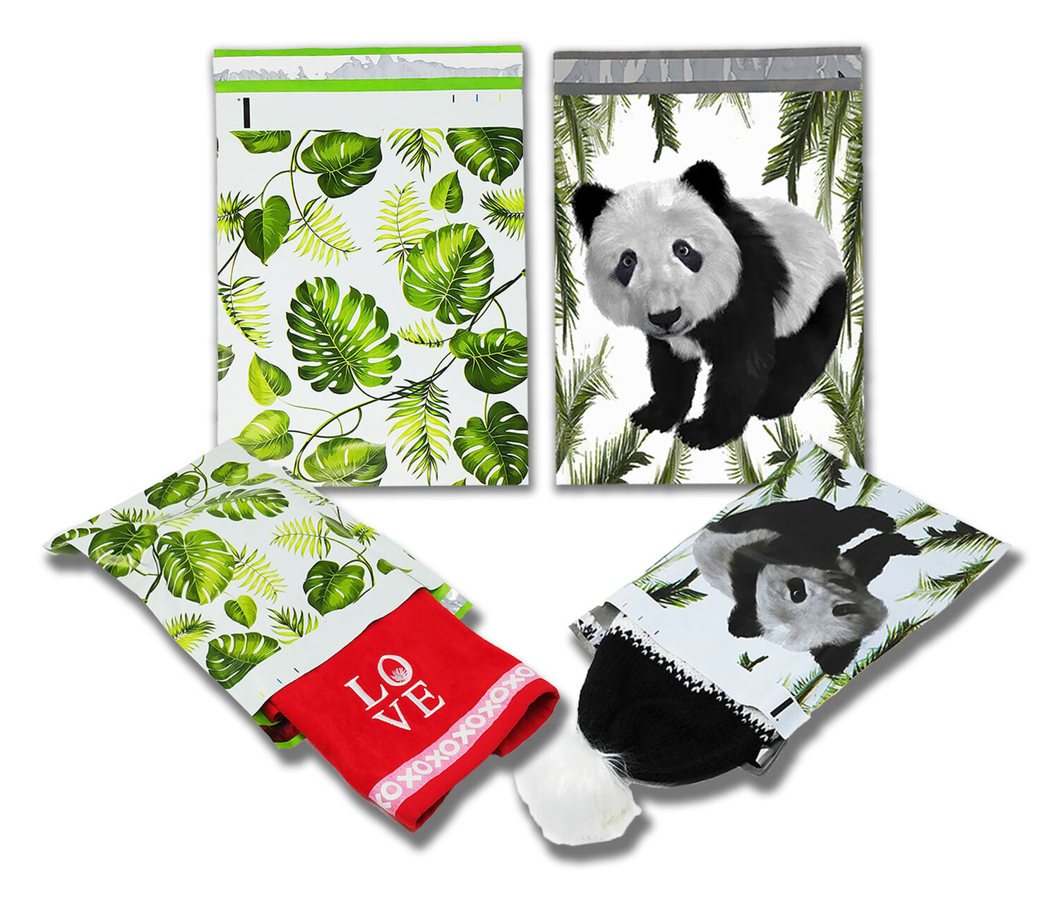 10×13 Tropical Palm Leaves & Panda Bear Poly Mailers, USPS Shipping Mailing Bags