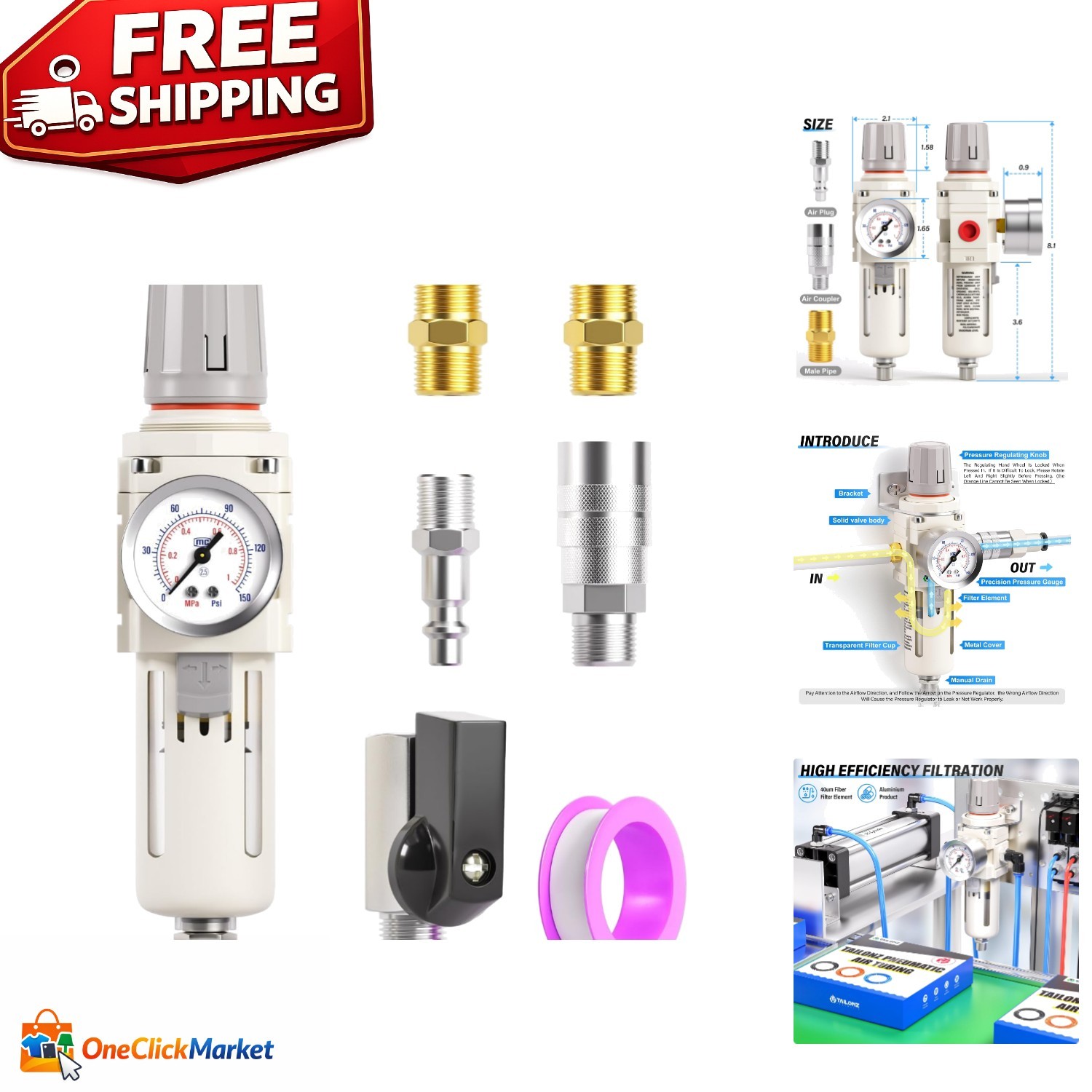 Durable Air Filter Regulator Combo – 3/8″ NPT with Semi-Auto Drain & Gauge