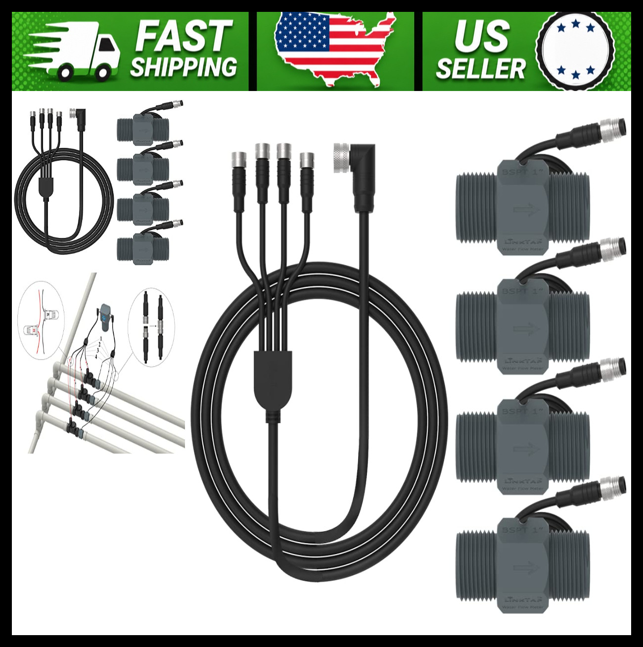 LinkTap 1″ NPT Flow Meter 4-Pack with 4.9 ft Connection Cable