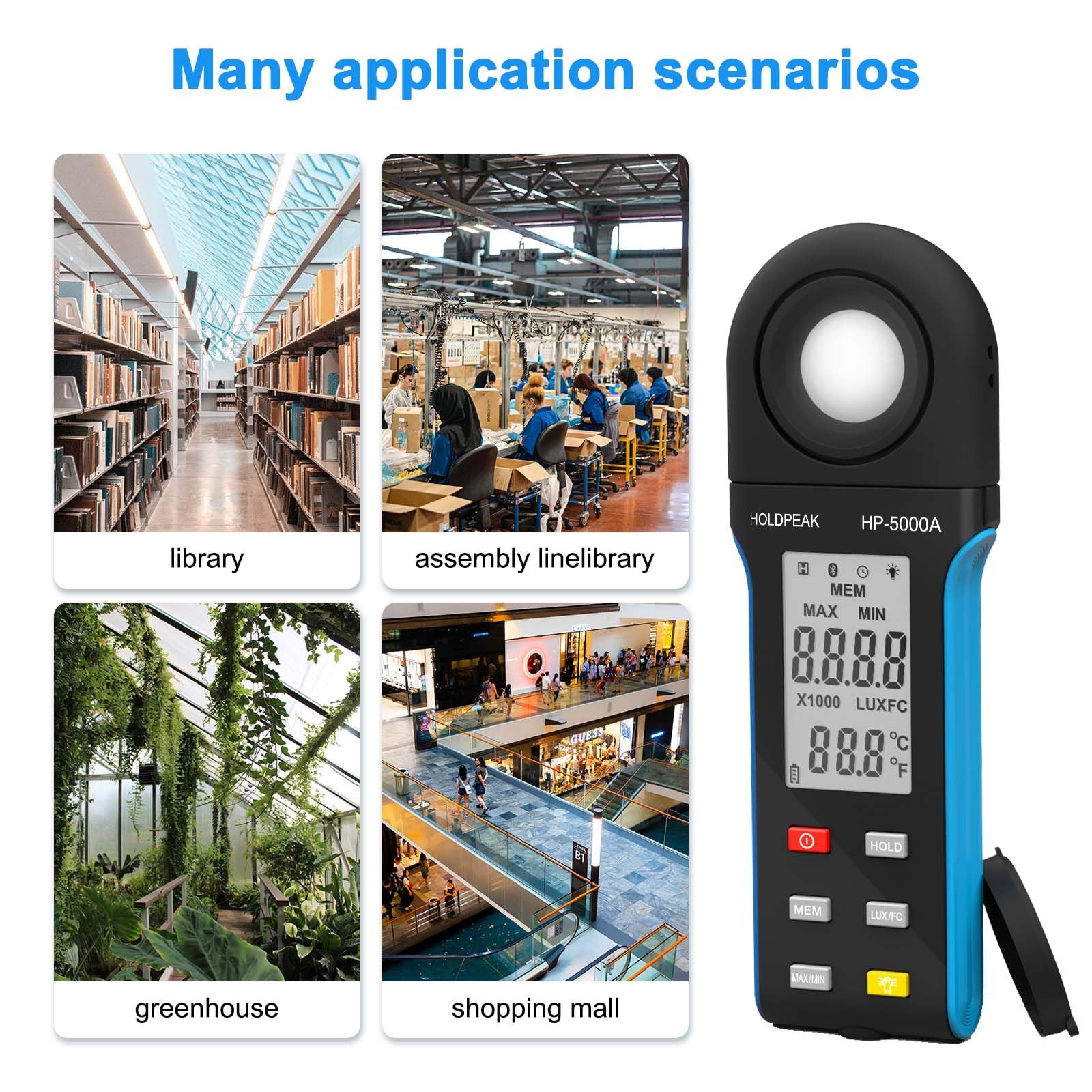 1 Pack HP-5000A Digital Light Meter, 1-400000Lux, LCD, Temp, Lumen, Plants