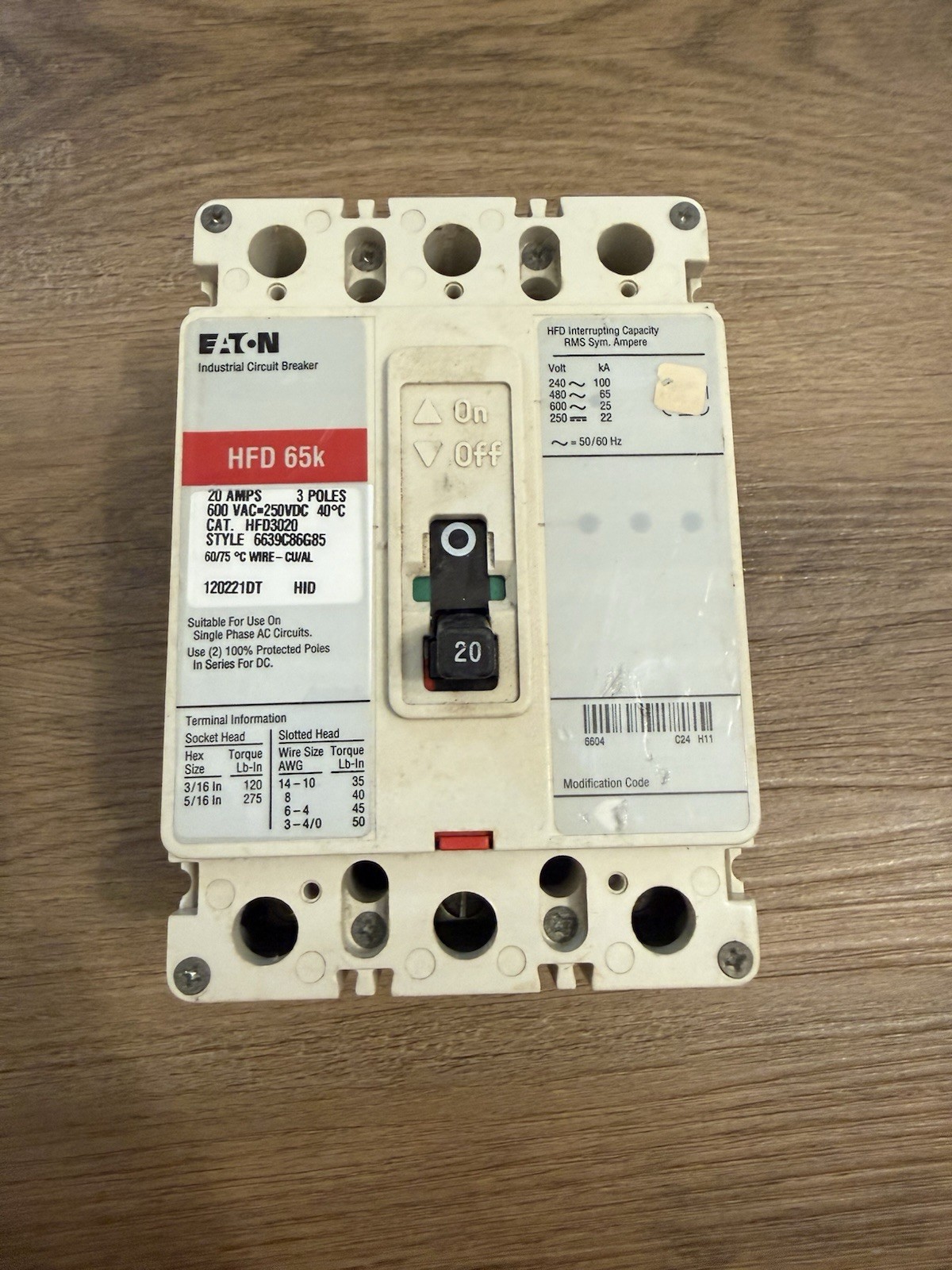 Eaton Cutler-Hammer HFD3020 600v 20A 3P Circuit Breaker 20 Amp 3 Pole HFD 65k