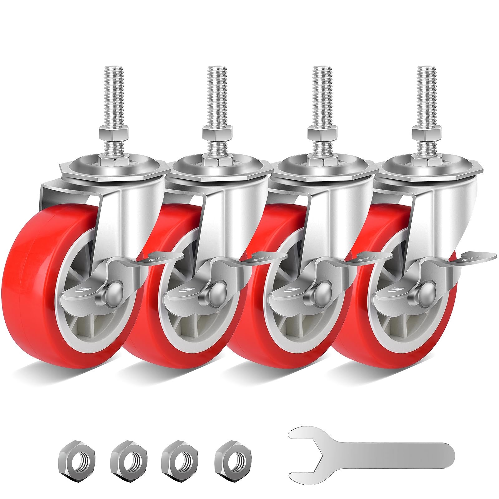 3 Inch Heavy Duty Stem Swivel Casters with Brake, 3/8 Inch, 16 x 1-1/2 Inch