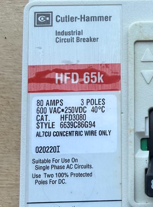 EATON CUTLER HAMMER HFD3080 80 AMP CIRCUIT BREAKER 3 POLE 600 VAC 65k PREOWNED