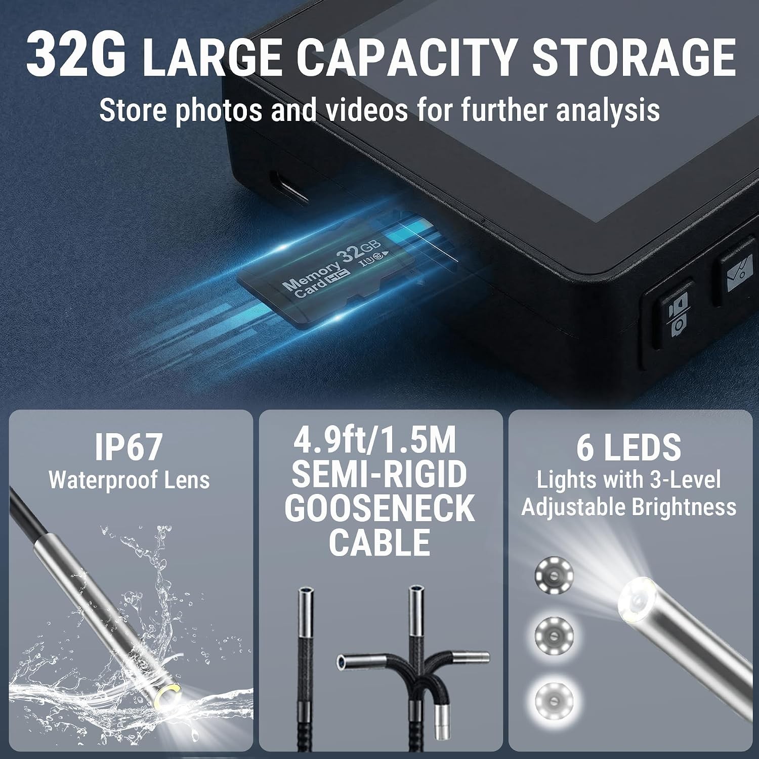 4.9FT 360° Articulating Borescope Camera, 6.2mm, 1080P HD, IP67 Waterproof