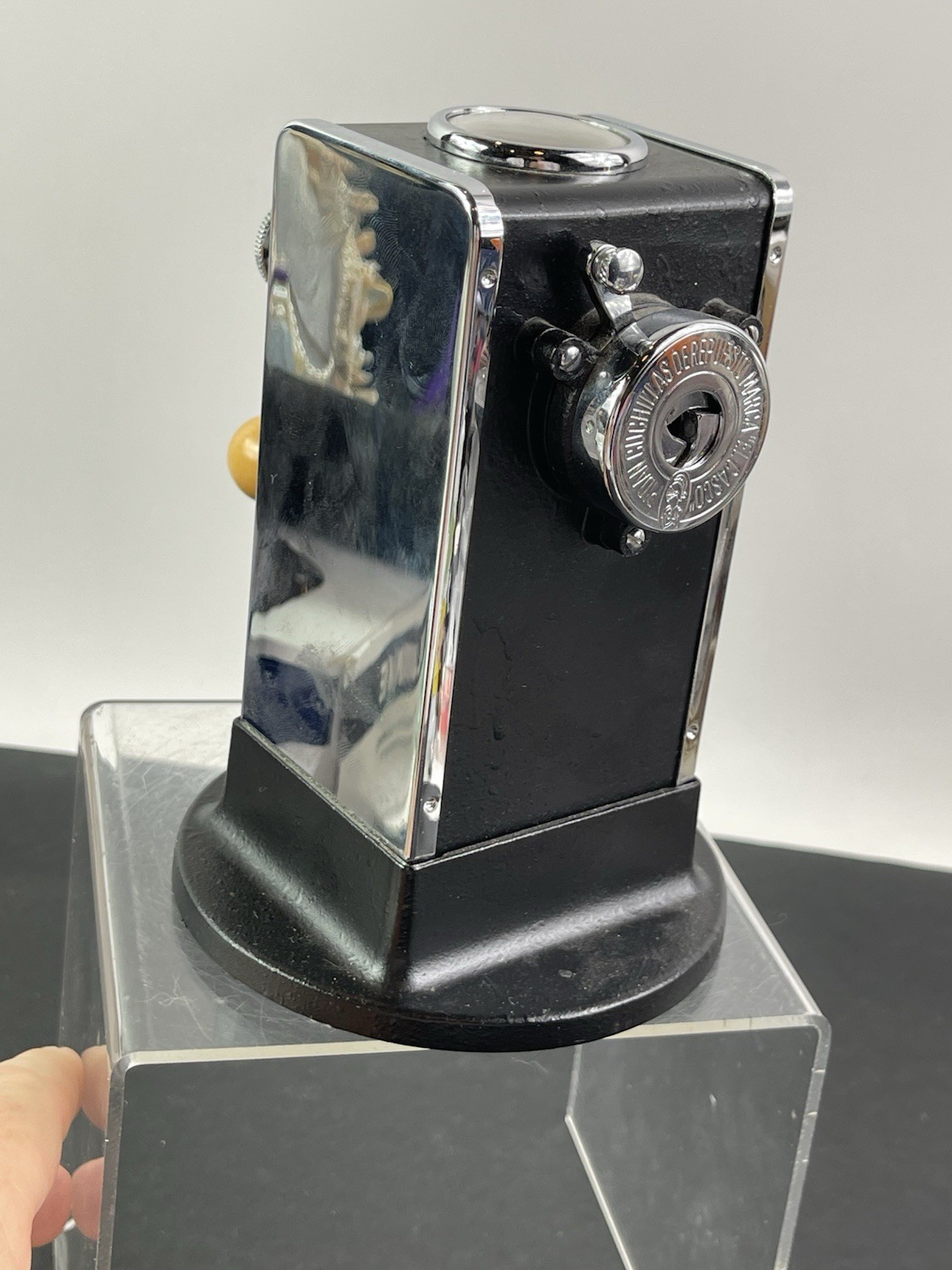 PRISTINE Vintage El Casco Pencil Sharpener Made In Spain Chrome and Black