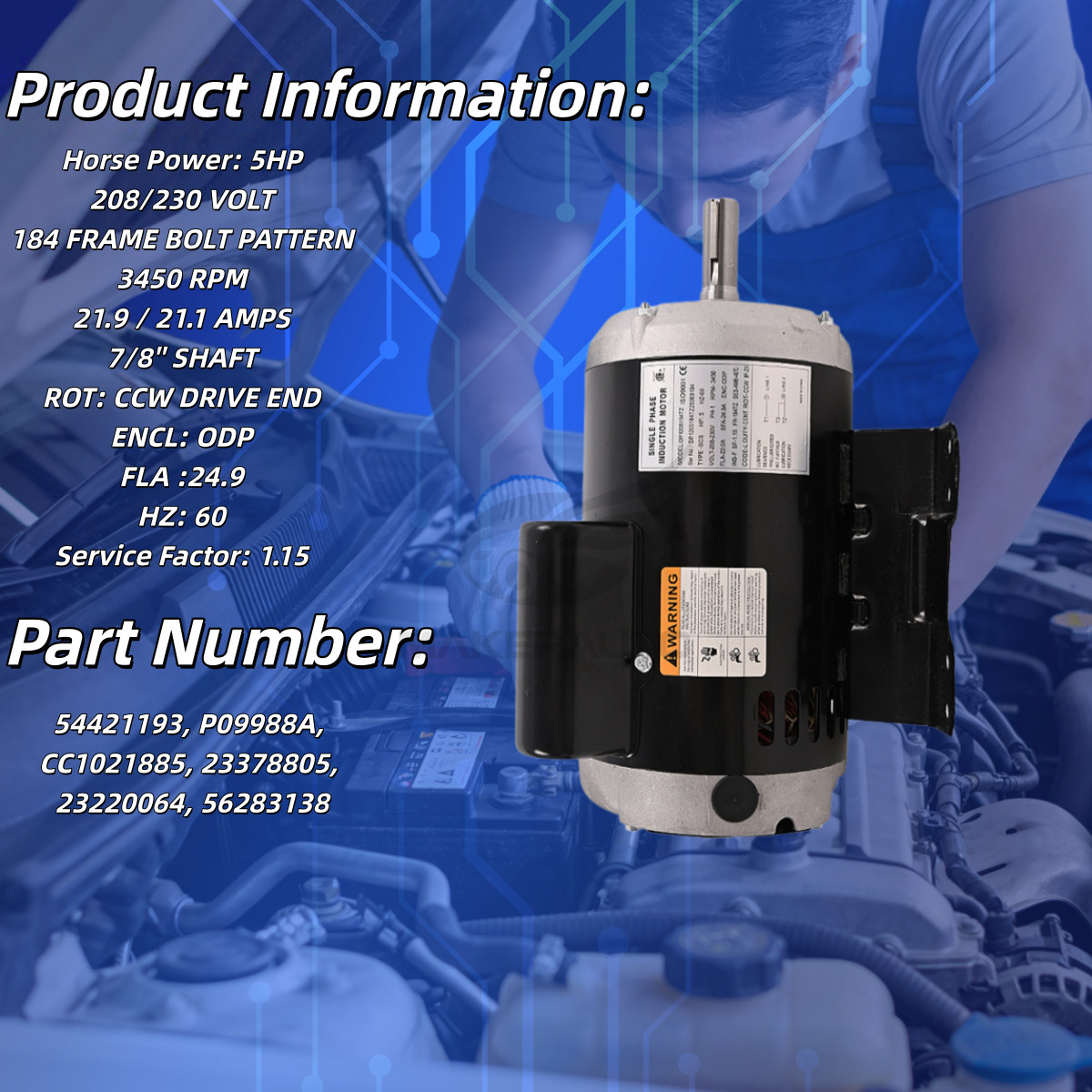 5HP 3450 Rpm Air Compressor Motor 56283138 Fits Ingersoll Rand 230V 7/8” Shaft