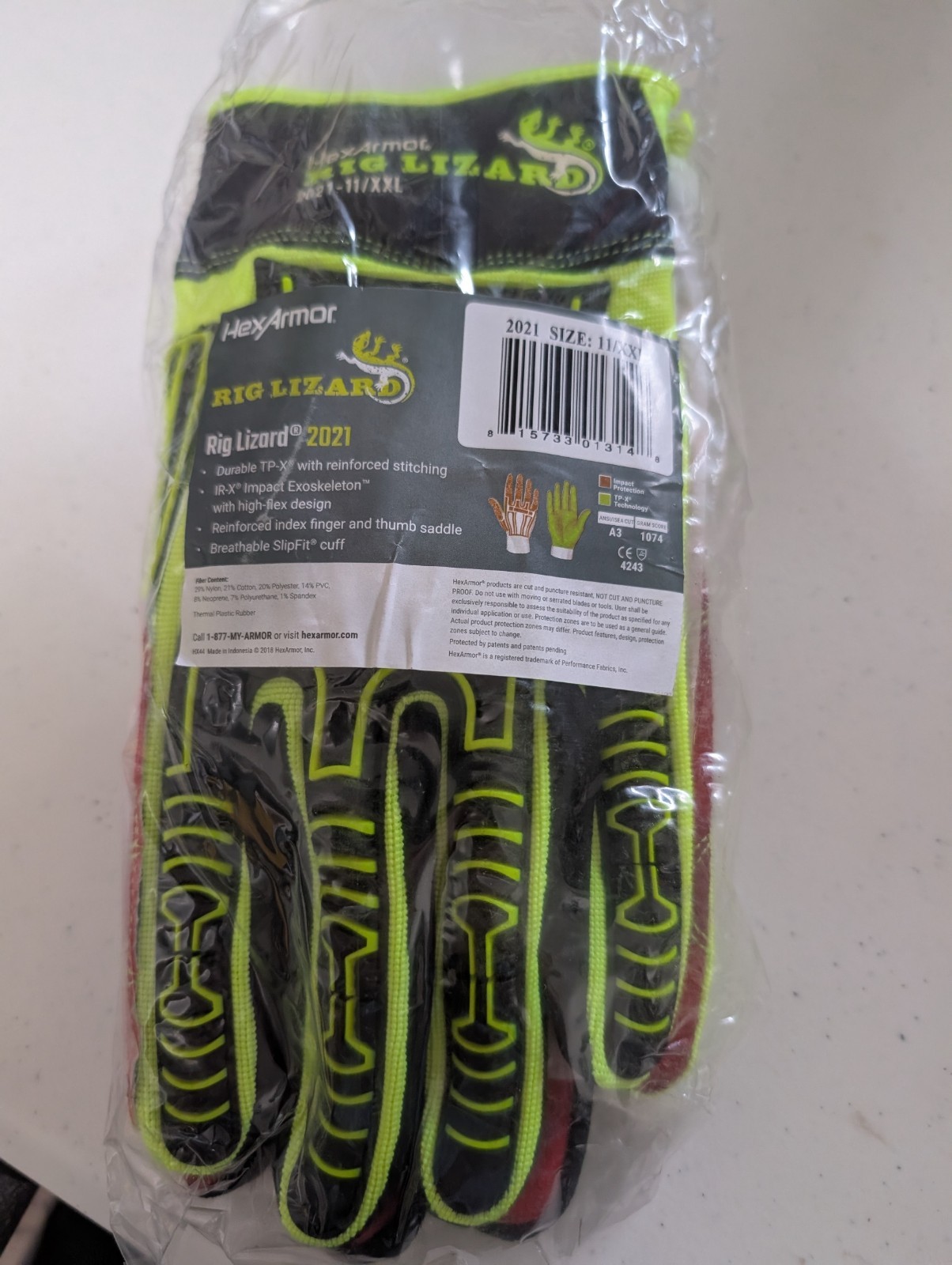 1 PAIR HEX ARMOR IMPACT RIG LIZARD CUT LEV 3 SIZE 11/XXL SAFETY GLOVES OIL RIG
