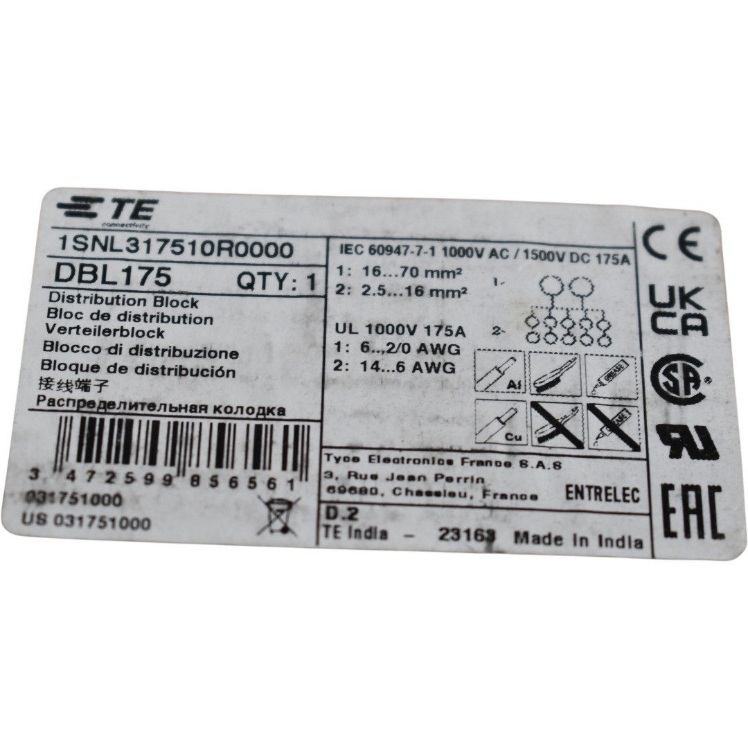NEW TE Connectivity DBL175 1SNL317510R0000 Power Distribution Block 175A 1000V