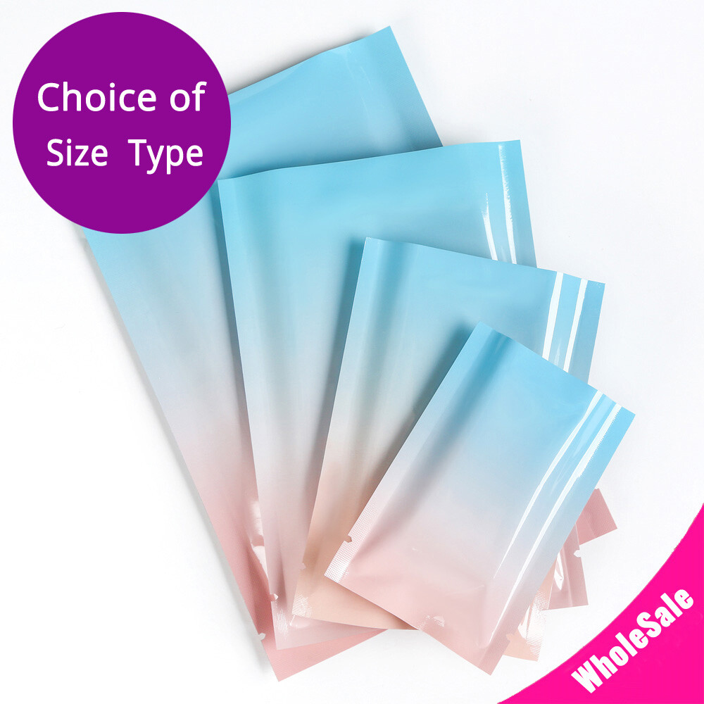 Multi-Size Glossy Gradient Pink+Blue Foil Mylar Open Top Pouch Bag w/ Tear Notch