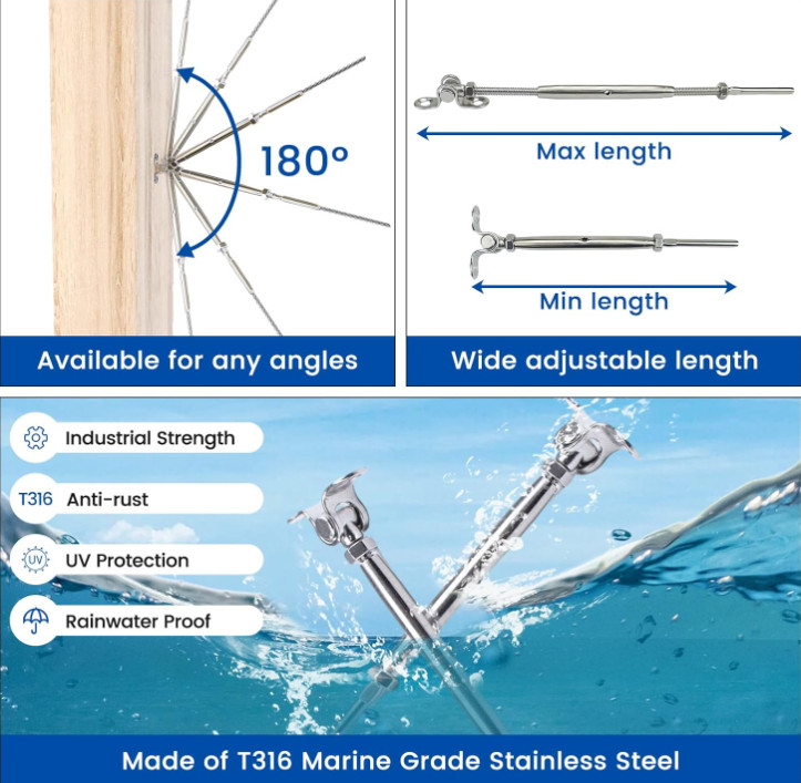 Kit 20 piezas barandilla cable 1/8 acero inox T316 tensor ajustable 180°, Nuevo