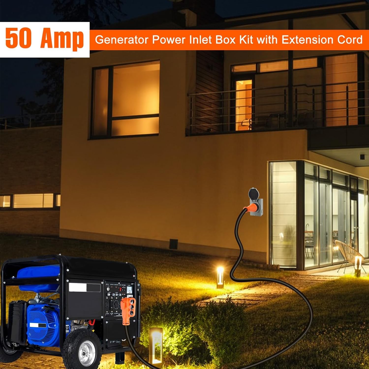 15FT 50 Amp Generator Cord & Power Inlet Box, NEMA 14-50P, ETL Listed
