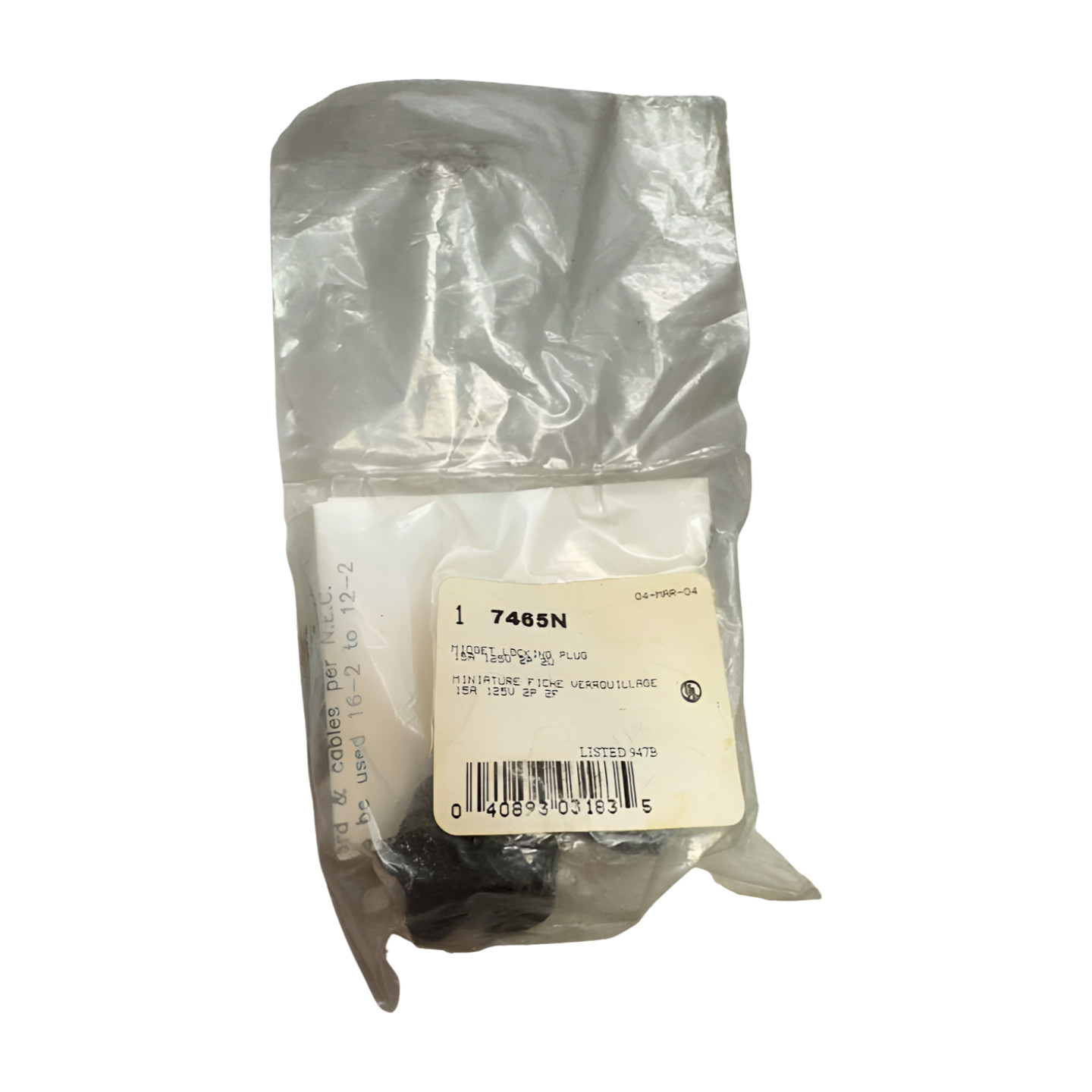 Arrow Hart 7465N Midget Locking Male Plug, 15A, 125V, 2-Pole, 2-Wire