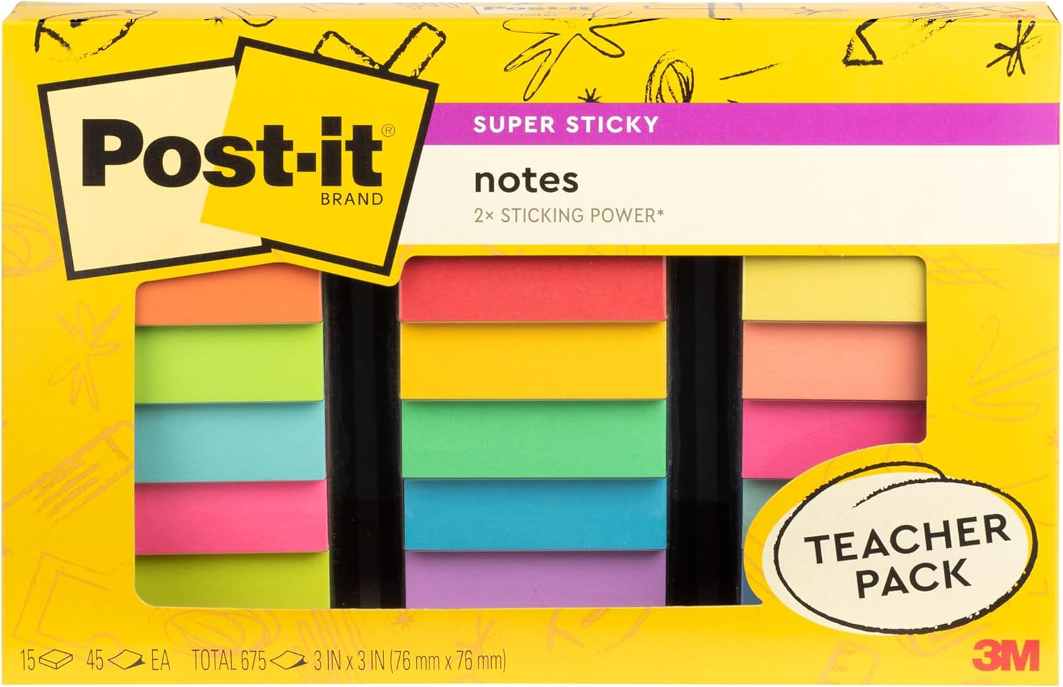 Post-it Super Sticky Notes Teacher Pack, Assorted Colors, 3 in. x 3 in., 15 P…