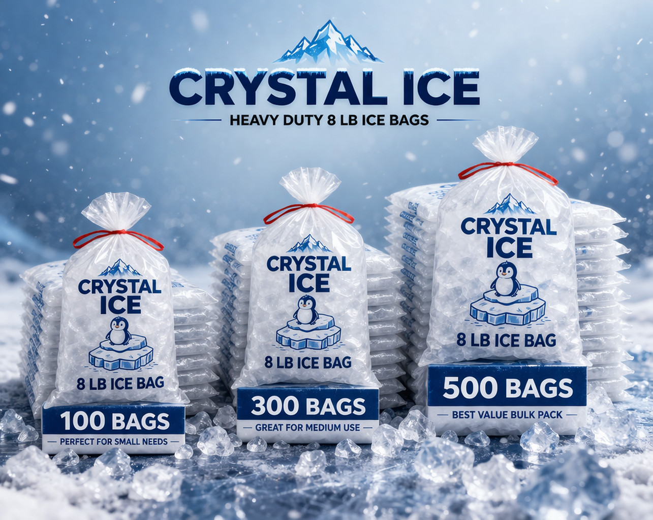 8 LB Ice Bags Drawstring Heavy Duty Clear Plastic Leak Proof Bulk 100,300,500
