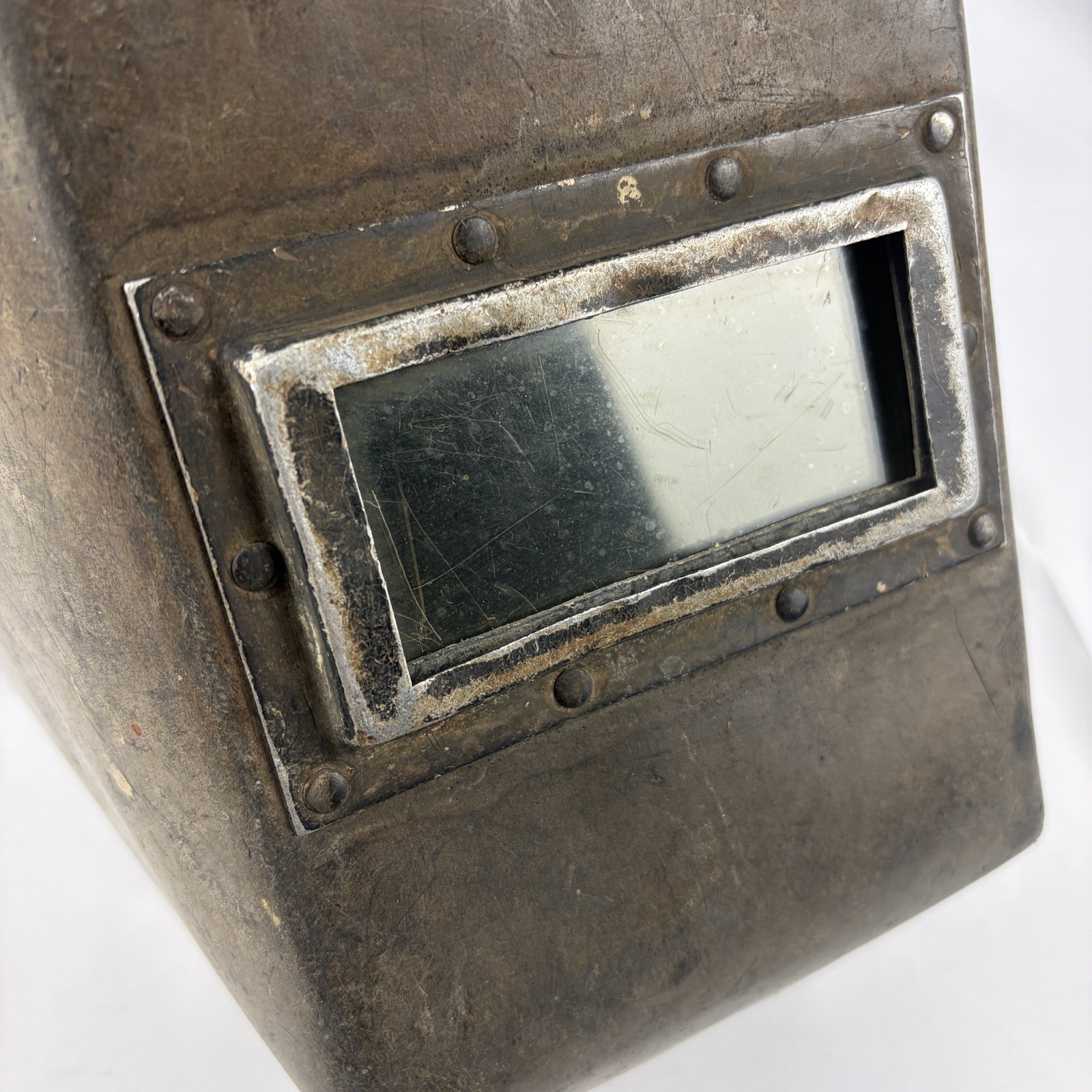 Antique Welding Mask Helmet Shade Molded Riveted Fiberboard Original Glass