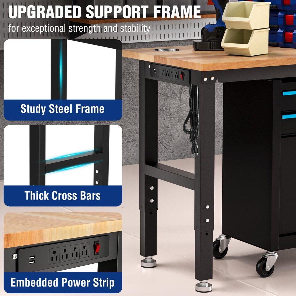 60″Adjustable Garage Workbench Rubber Wood Top 2PC 16×32 Metal Pegboard