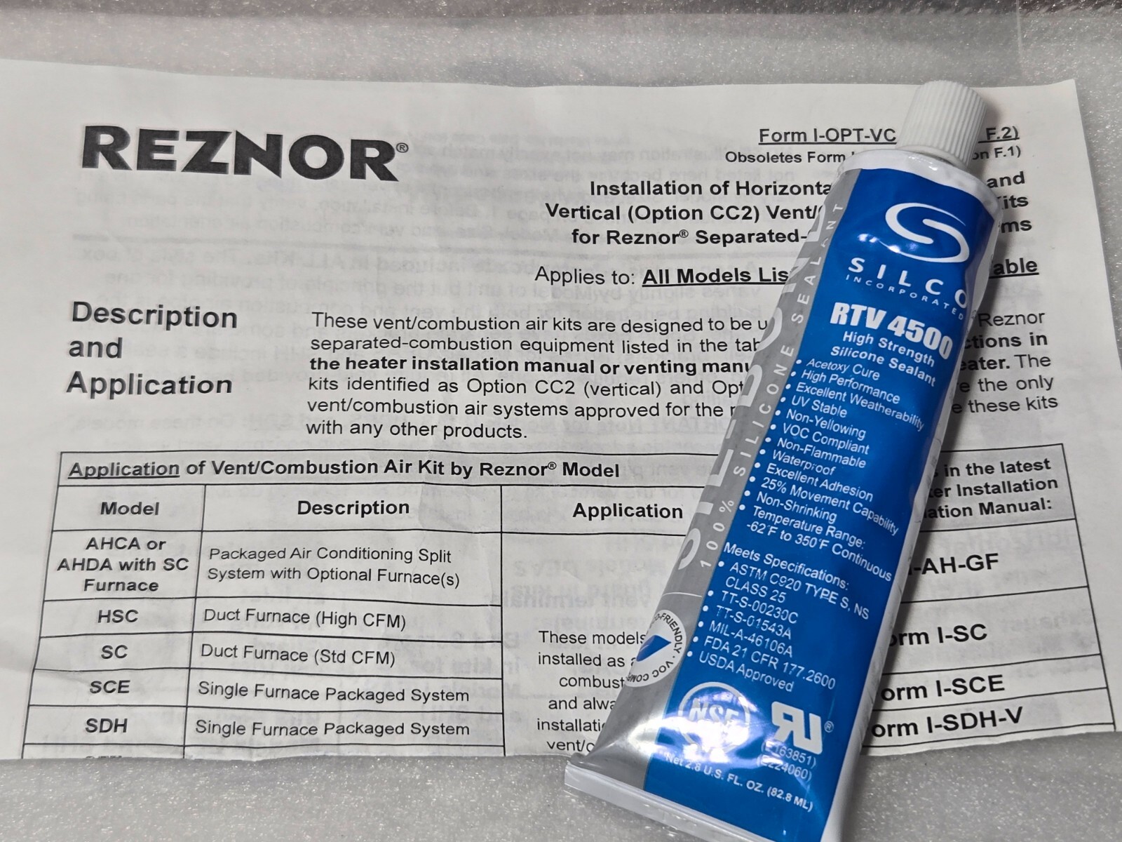 3 SILCO RTV 4500 High Strength Silicone Sealant NSF Grade, for REZNOR HVAC Vents