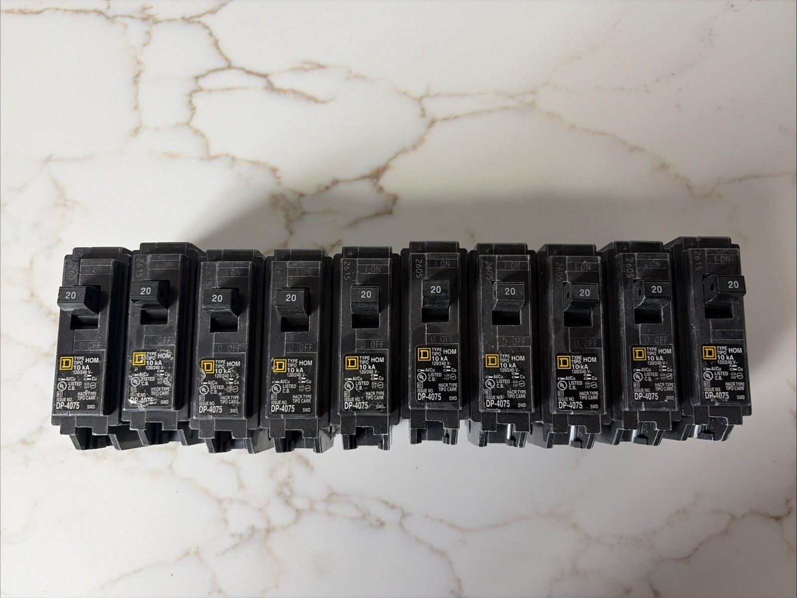 (10) Square D – HOM120CP Homeline 20 Amp Single-Pole Circuit Breaker