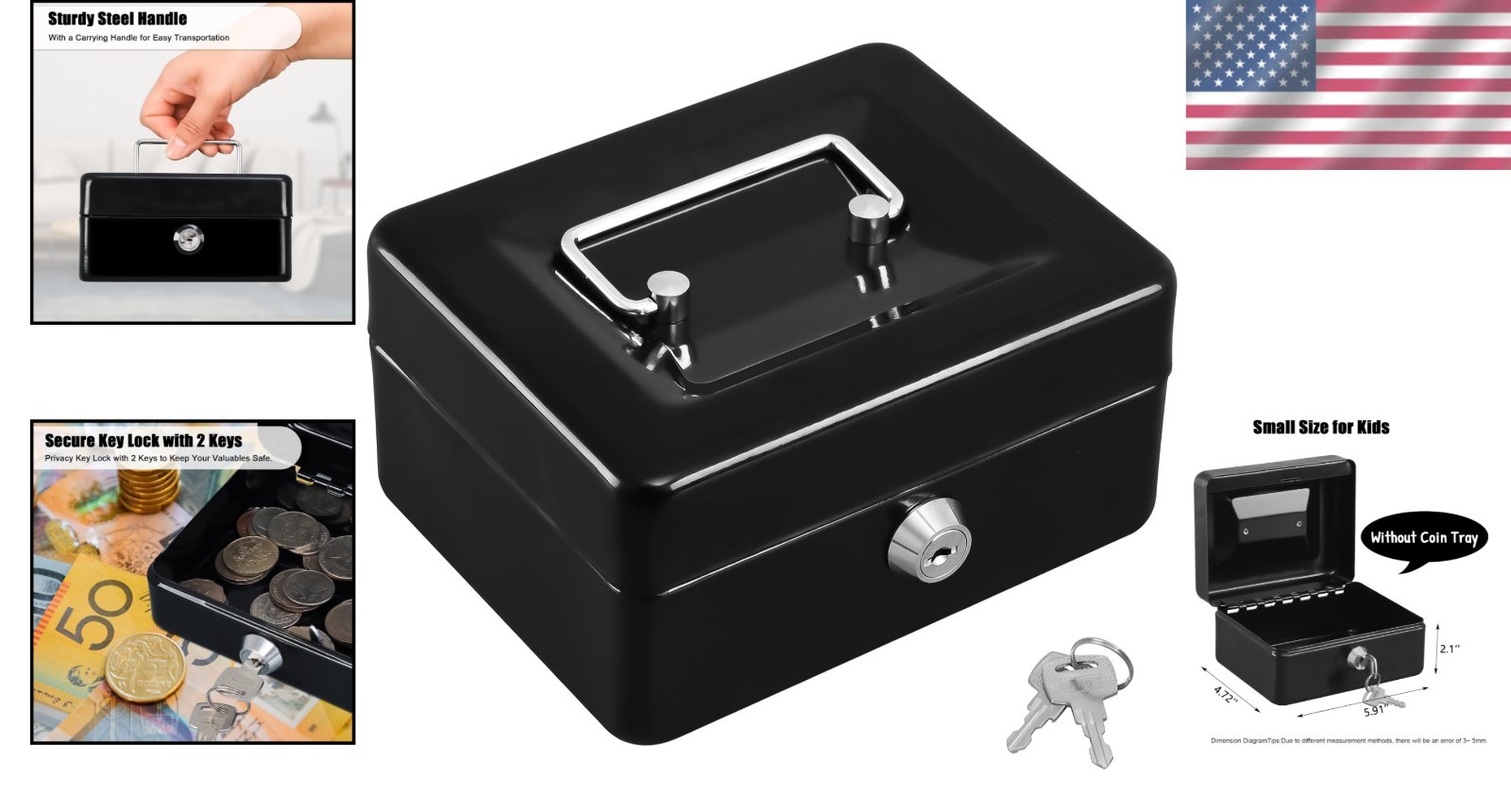 Durable Key Lock Cash Box – Scratch Resistant, Portable – 5.91×4.72×3.15 Black