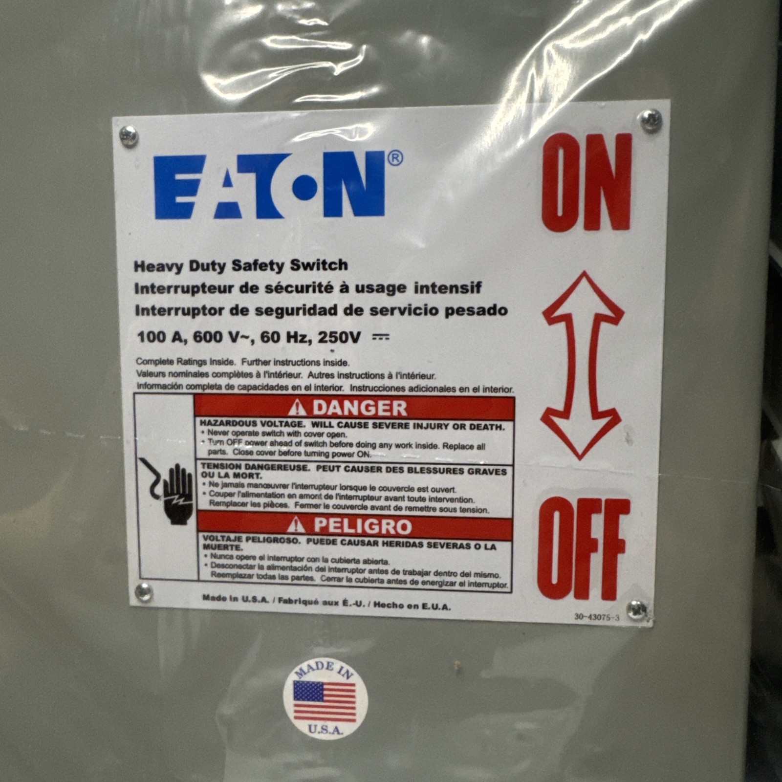 Eaton DH363NGK Fusible Heavy Duty Safety Switch 100A 3P 4W 3PH 600V Type 1