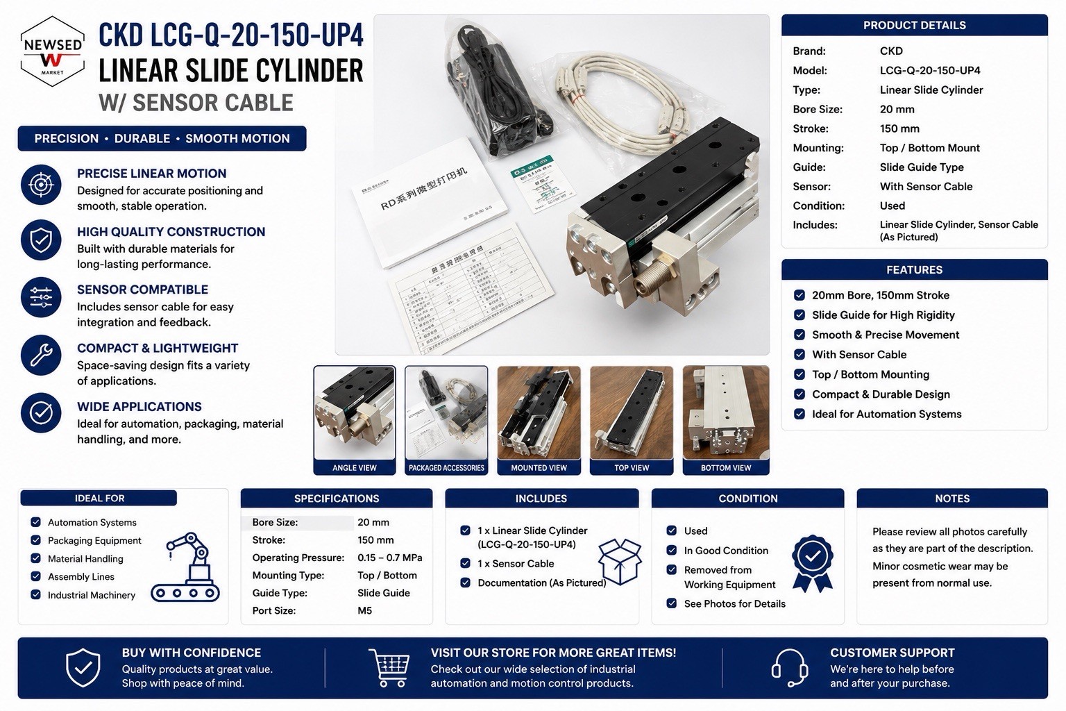 CKD LCG-Q-20-150-UP4 Linear Slide Cylinder w/ Sensor Cable