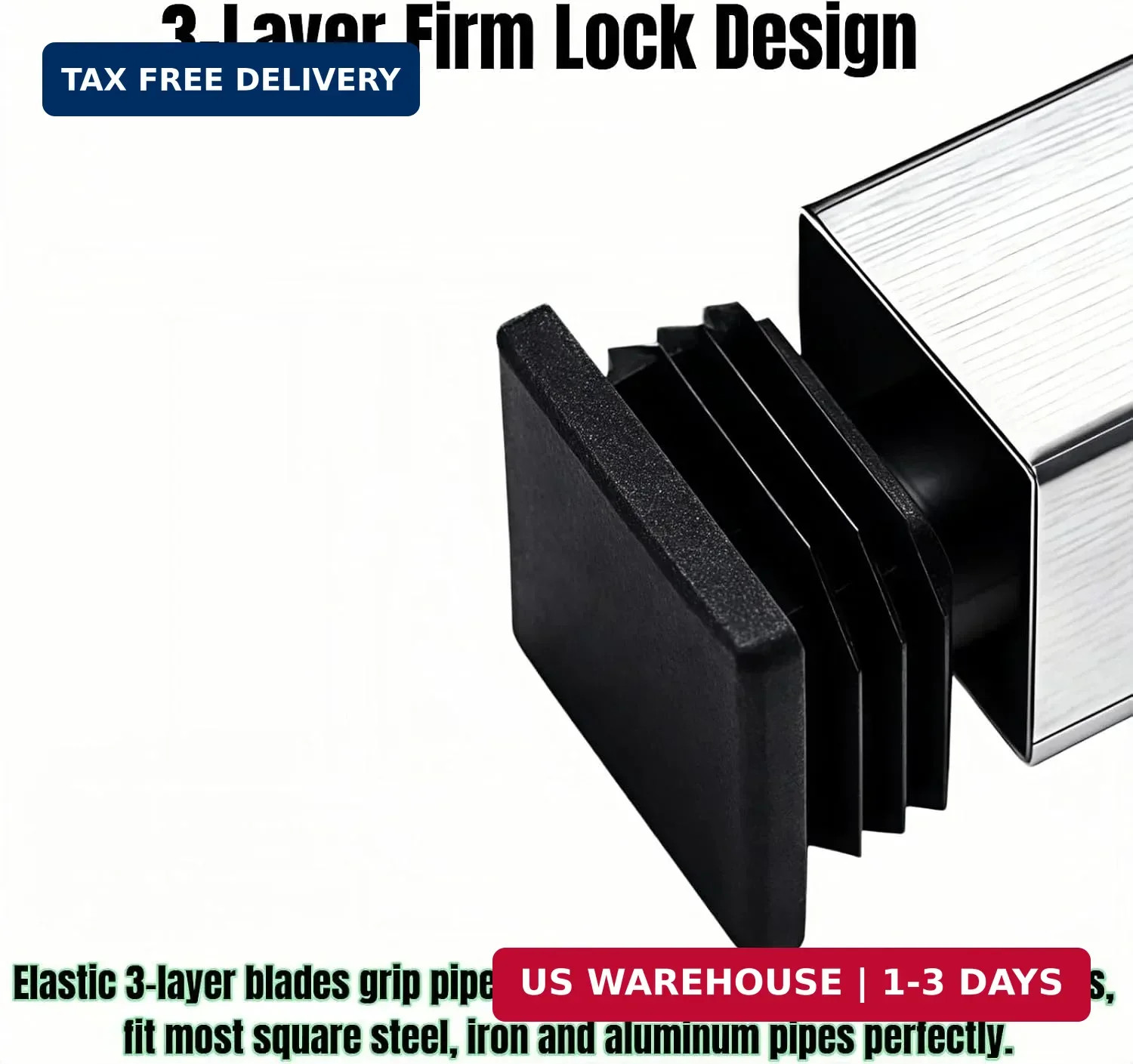 Square Tube End Caps, Black, 2×2 Inch, 12 Pack, 3-Layer Blade Plastic Plugs for
