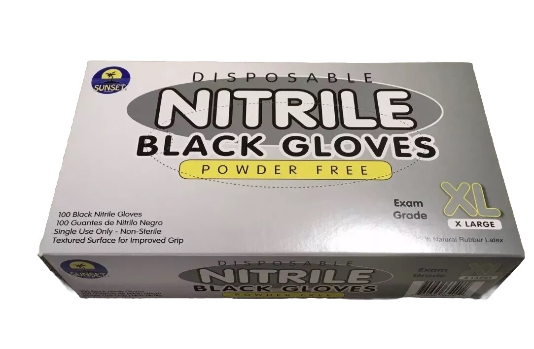 SUNSET DISPOSABLE NITRILE BLACK GLOVES BOX OF 100 EXAM GRADE POWDER FREE XL