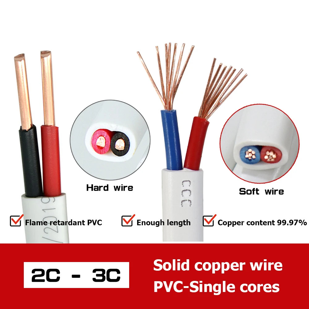 White Copper Cable 2/3 Pin Solid PVC Hard/Soft Wire 110-380V 18-12AWG Home Power