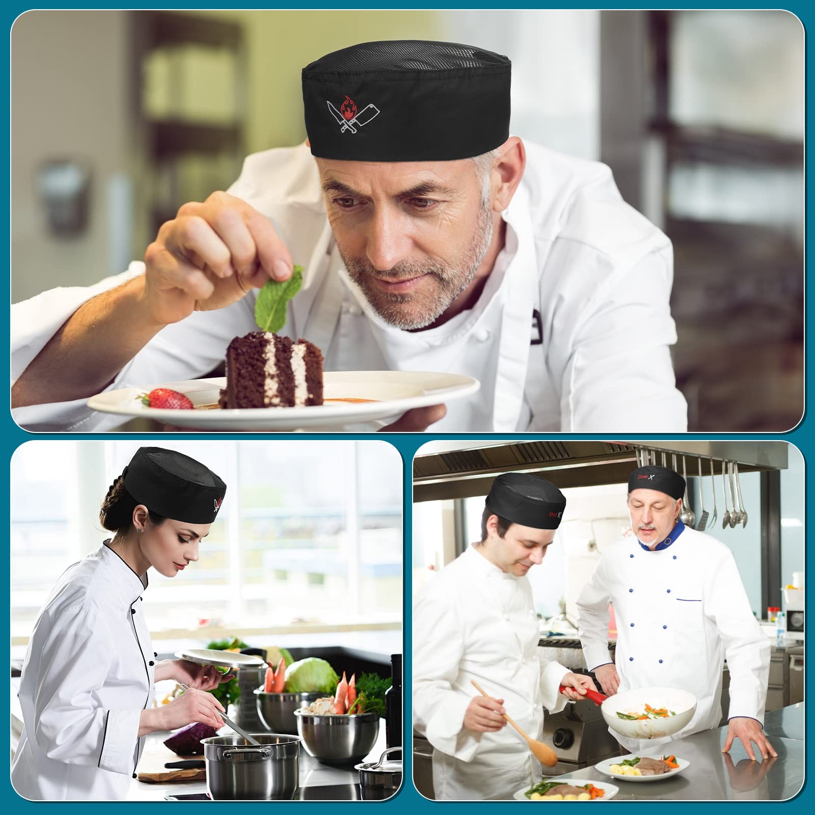 6 Pieces Unisex Chef Hats Adult Black Elastic Kitchen Cooking Baker Caps Skul…