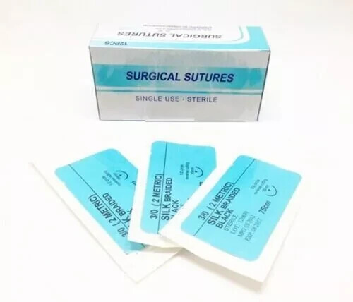12 Pcs/Box Dental Surgical 3/0 Non Absorbable Suture Silk Braided Train Test 3/0