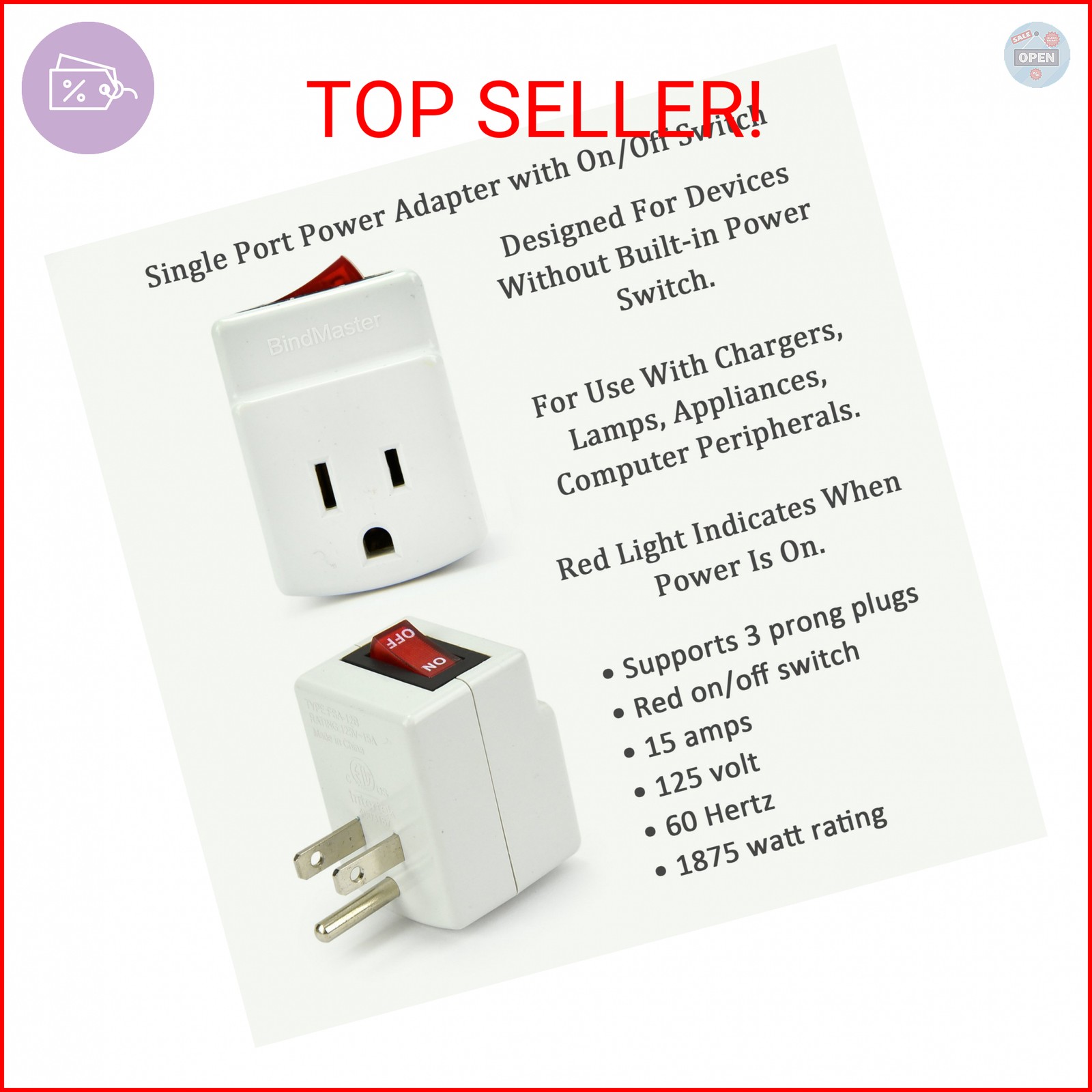 3 Prong Grounded Single Port Power Adapter for Outlet with Indicator Lighted On/