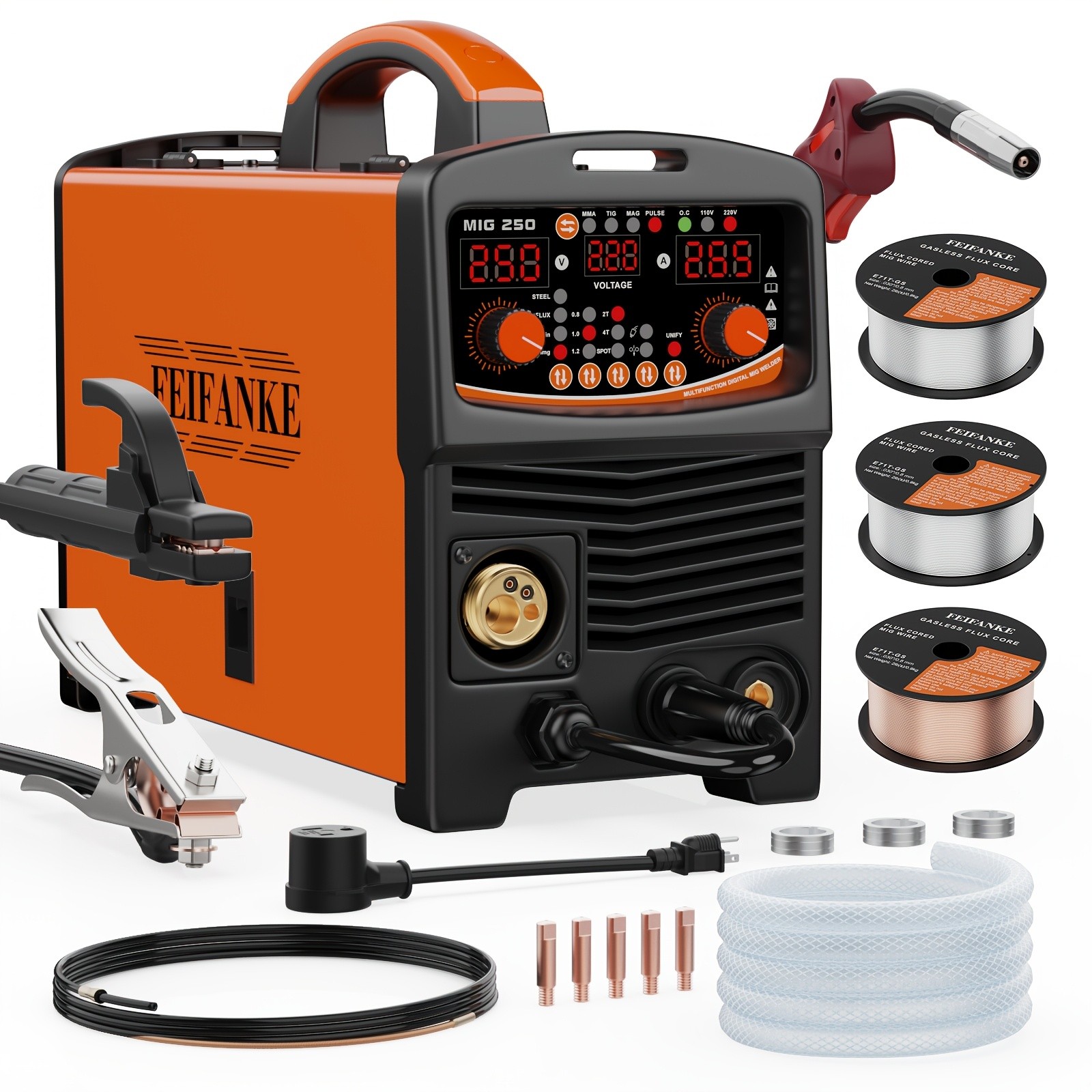 250A Aluminum MIG Welder, 110V/220V 8-in-1 Gas/Gasless Flux MIG/Stick/2T 4T Spot