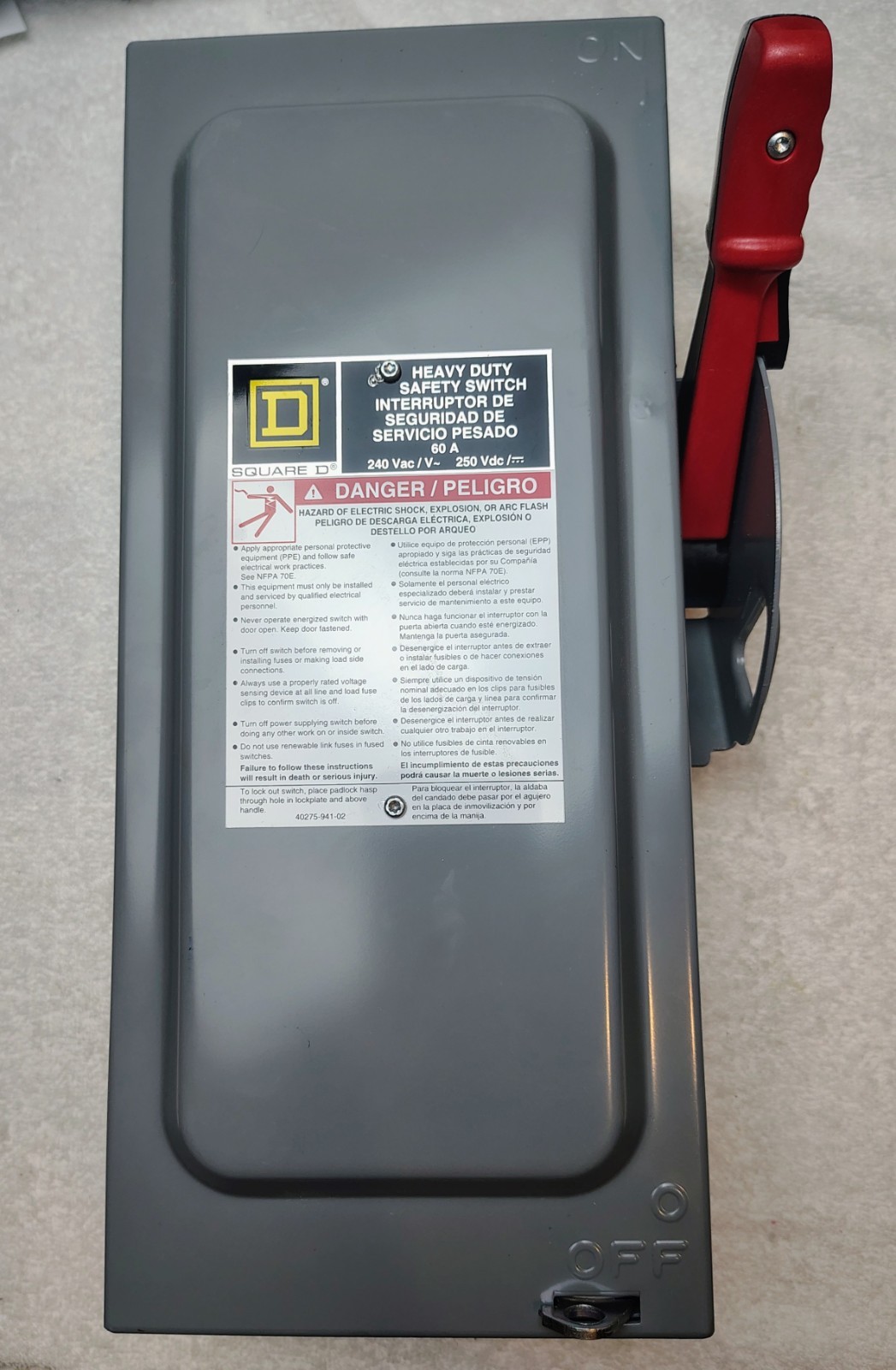 Square D Fusible Disconnect Safety Switch H322N, 240V AC, 3PH, 60A, Heavy Duty
