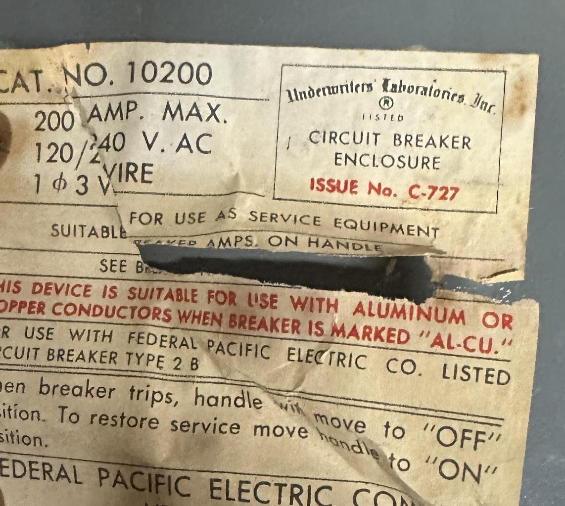 Federal Pacific Electric 10200 Circuit Breaker Enclosure w/ Breaker 200A