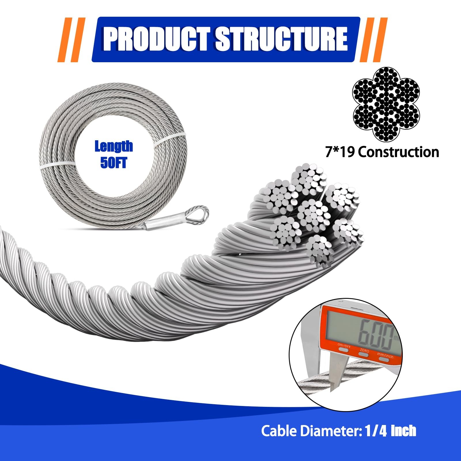 1/4 Stainless Steel Cable, 50ft Wire Rope, 7X19 Strands Aircraft Cable with M…