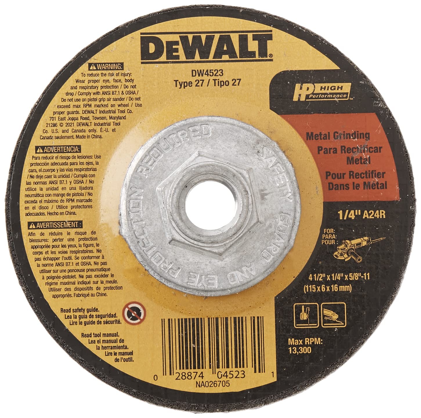 DeWalt DW4523 Grinding Wheel 4-1/2″ x 1/4″ Aluminum Oxide 13,300 RPM 5/8″