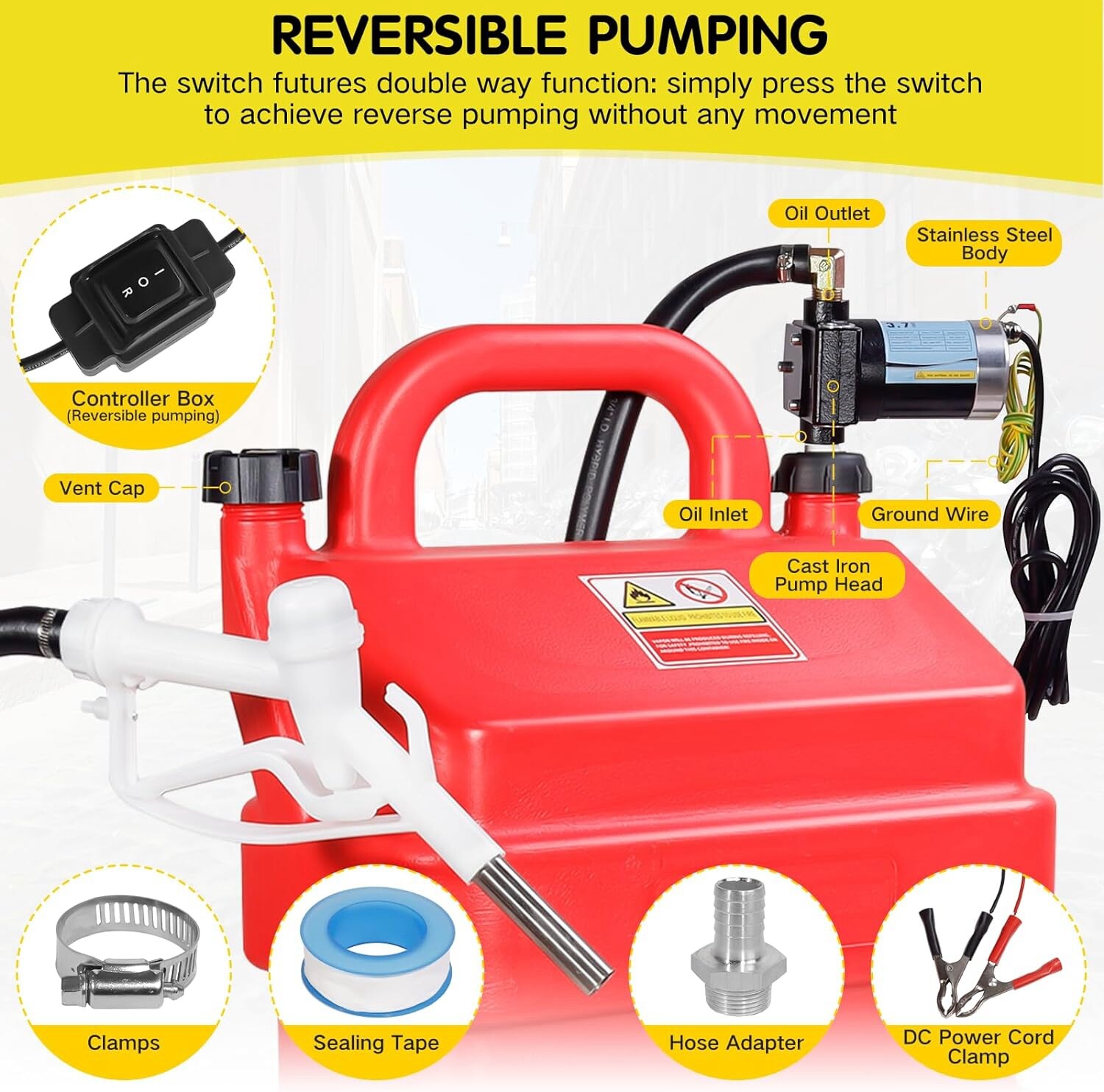 Red 16 Gallon 60L Portable Fuel Caddy Tank with 12V DC Electric Transfer Pump